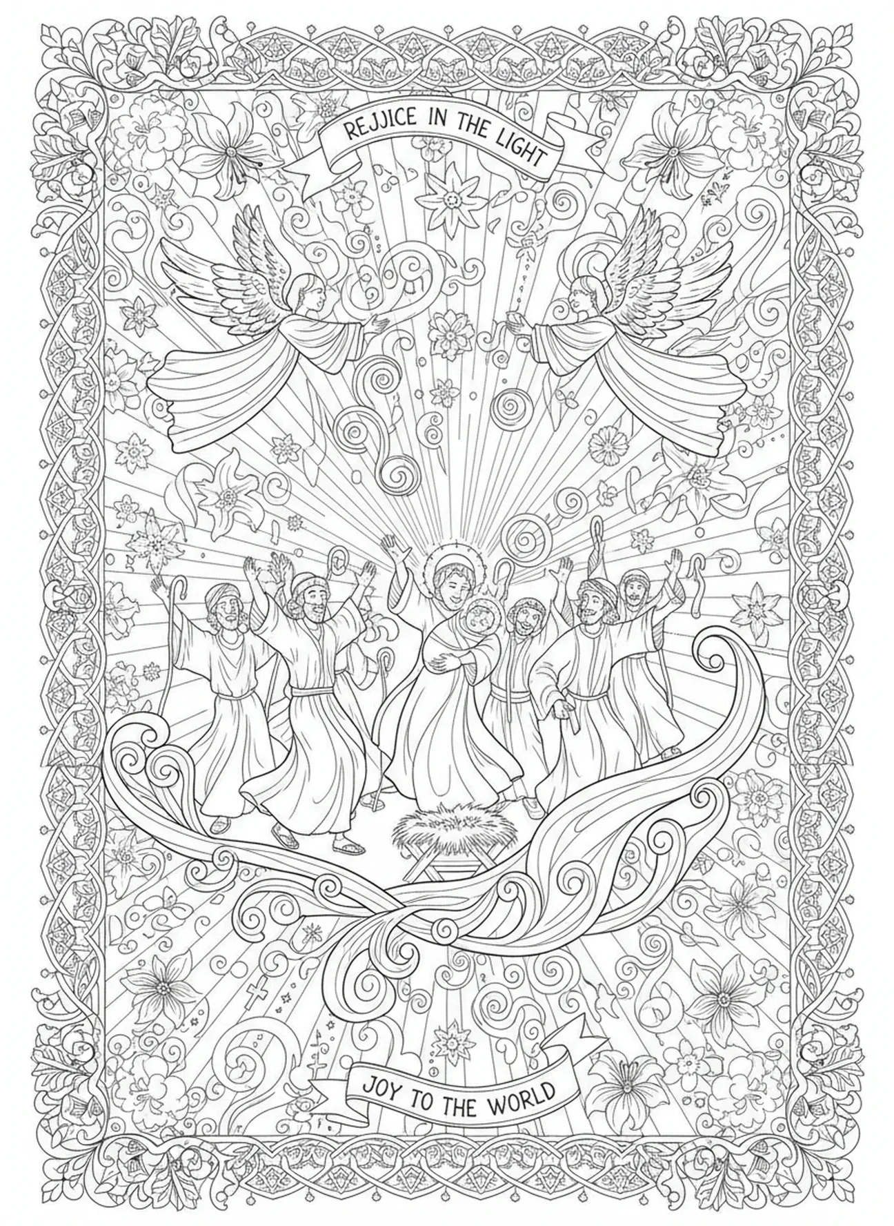 Hirten freuen sich, Ausmalbild von den Hirten der Geburt Jesu für Erwachsene im Stil des Bibel-Journalings.