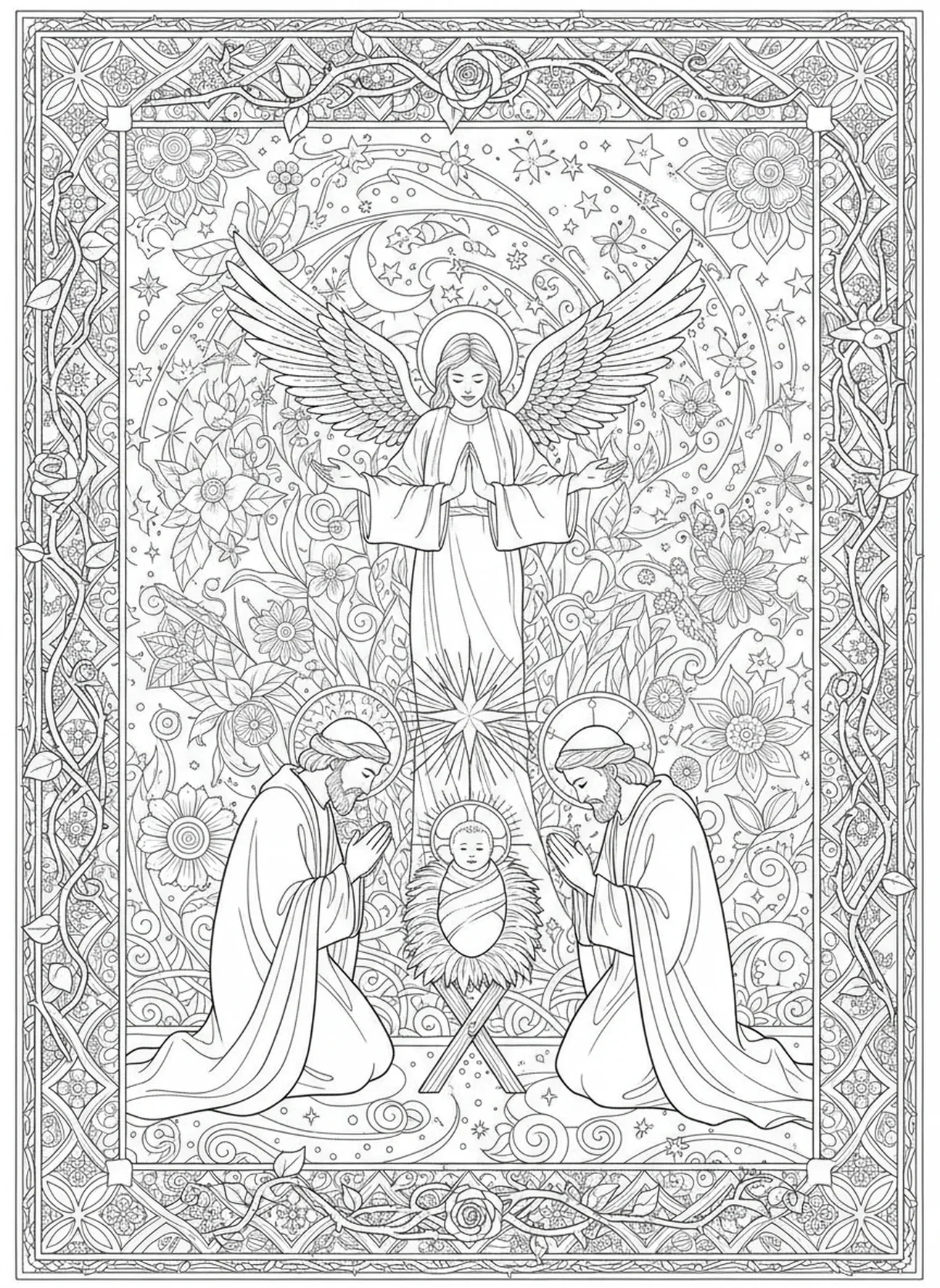 Hirten verehren Jesus, Ausmalbild für Erwachsene über die Hirten der Krippe, im Stil des Bibel-Journalings.