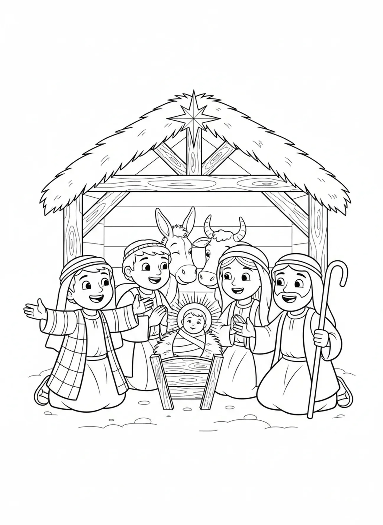 Pastores admirando o bebê Jesus, página para colorir 'Pastores Encontram Jesus' para crianças de 5 a 10 anos