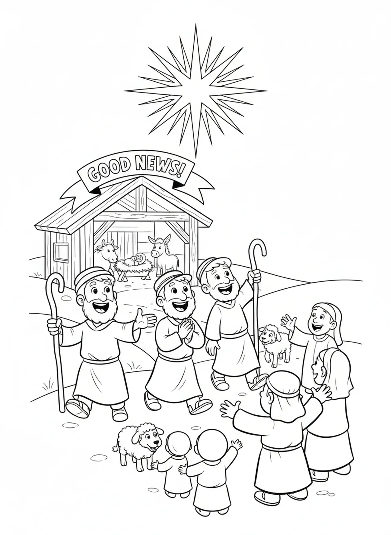 Pastores compartilhando boas notícias, página de colorir Nativity Pastores Encontram Jesus para crianças de 5 a 10 anos