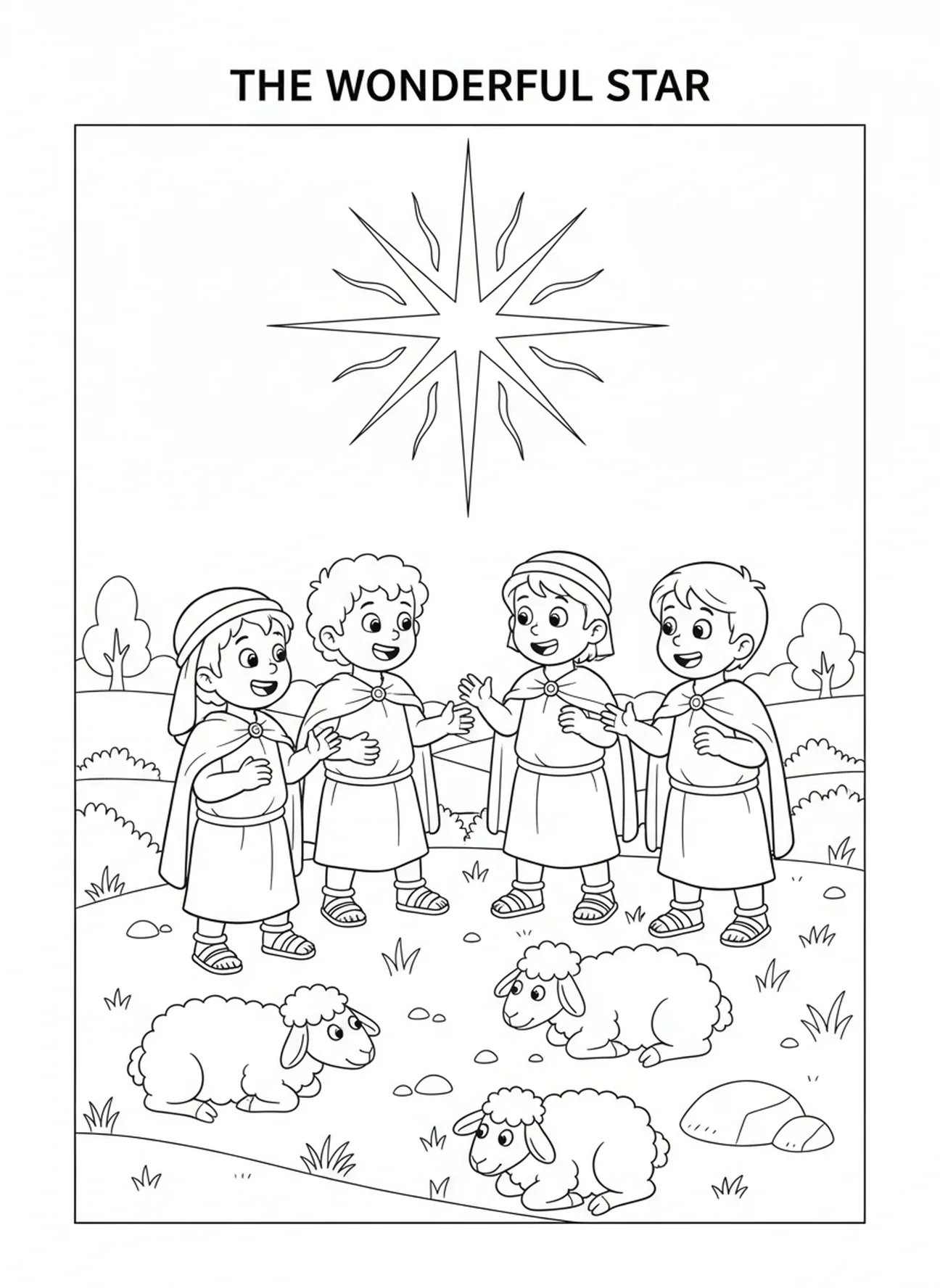Três pastores conversando, página de colorir sobre os pastores da Natividade encontrando Jesus para crianças de 5 a 10 anos
