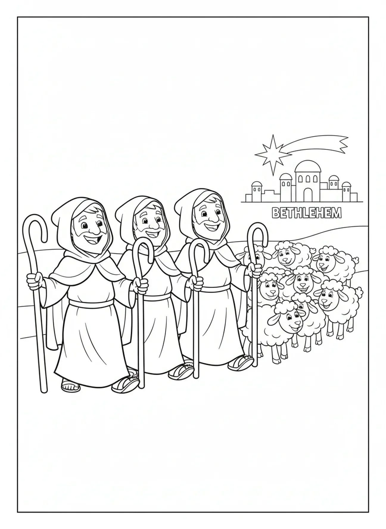 Três pastores caminhando, página para colorir dos pastores da Natividade encontrando Jesus para crianças de 5 a 10 anos