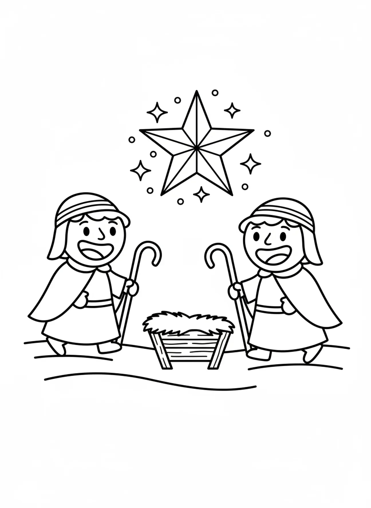 Dwaj uśmiechnięci pasterze zbliżają się do żłóbka, kolorowanka dla przedszkolaków w wieku 3-5 lat z Nativity Shepherds Find Jesus
