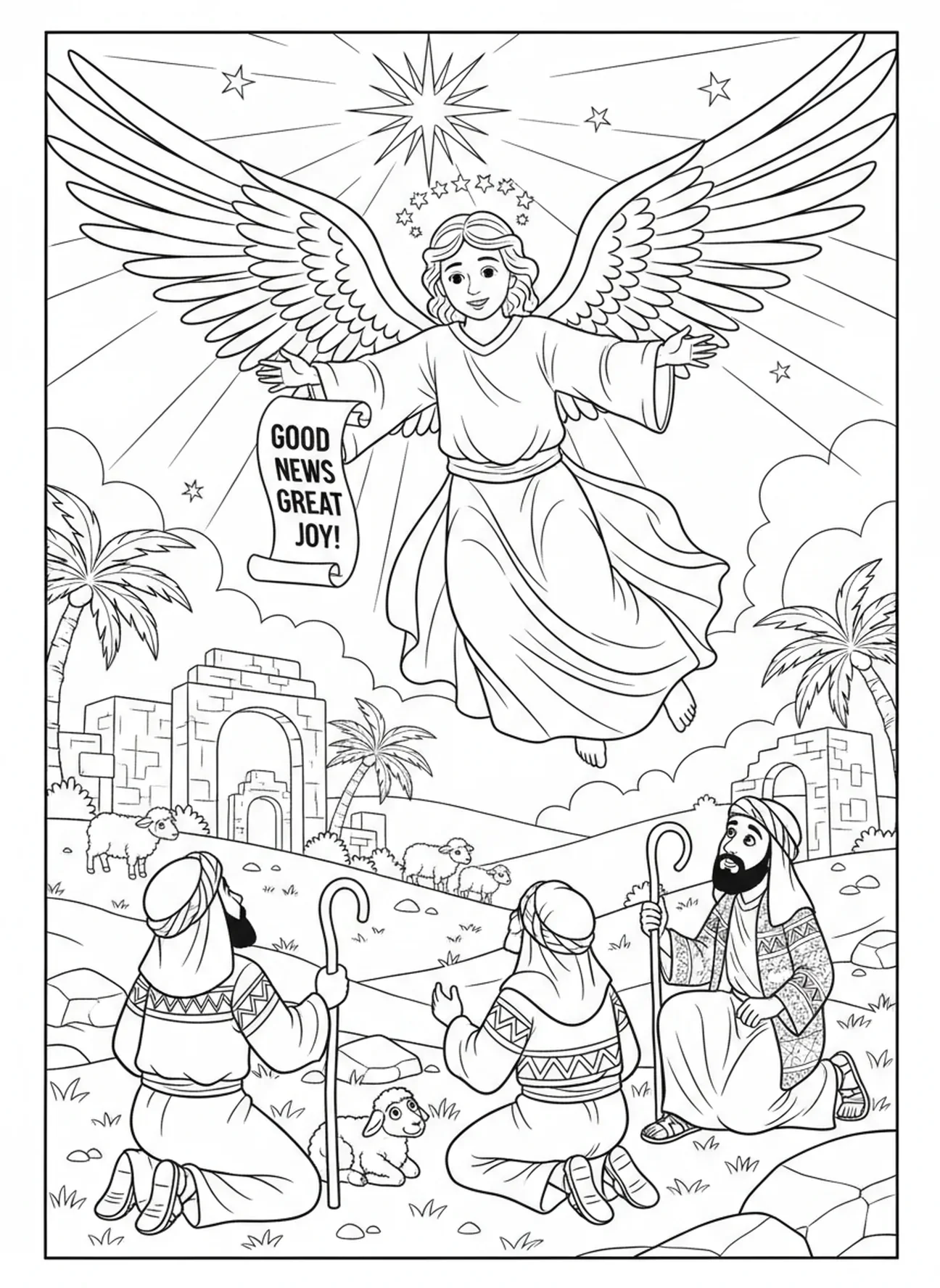 Ange avec des ailes, page à colorier de la Nativité où les bergers trouvent Jésus pour les enfants de catéchisme âgés de 5 à 12 ans.