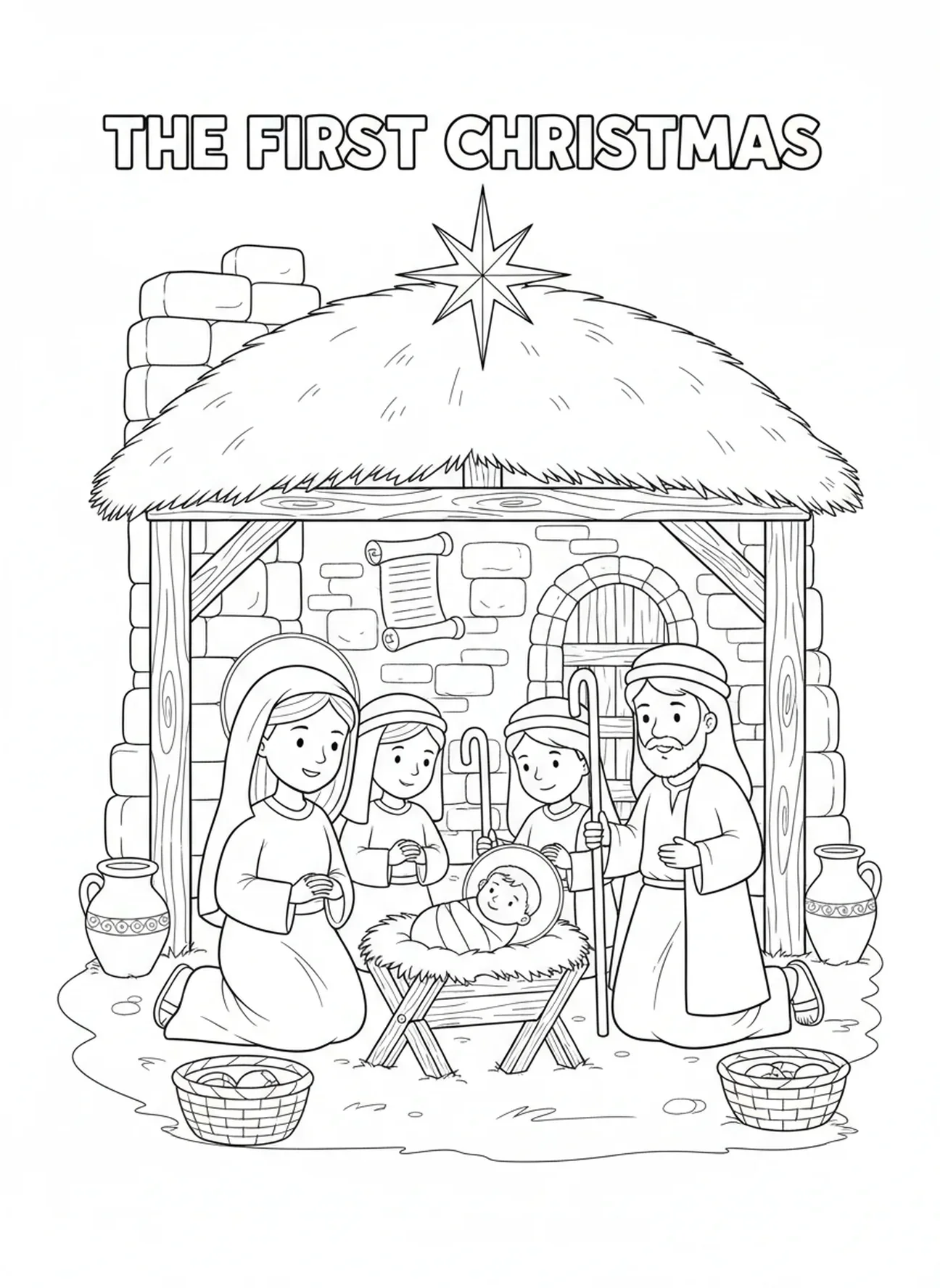 Bergers autour de la crèche, page à colorier des Bergers de la Nativité trouvant Jésus pour les enfants de l'École du dimanche âgés de 5 à 12 ans.