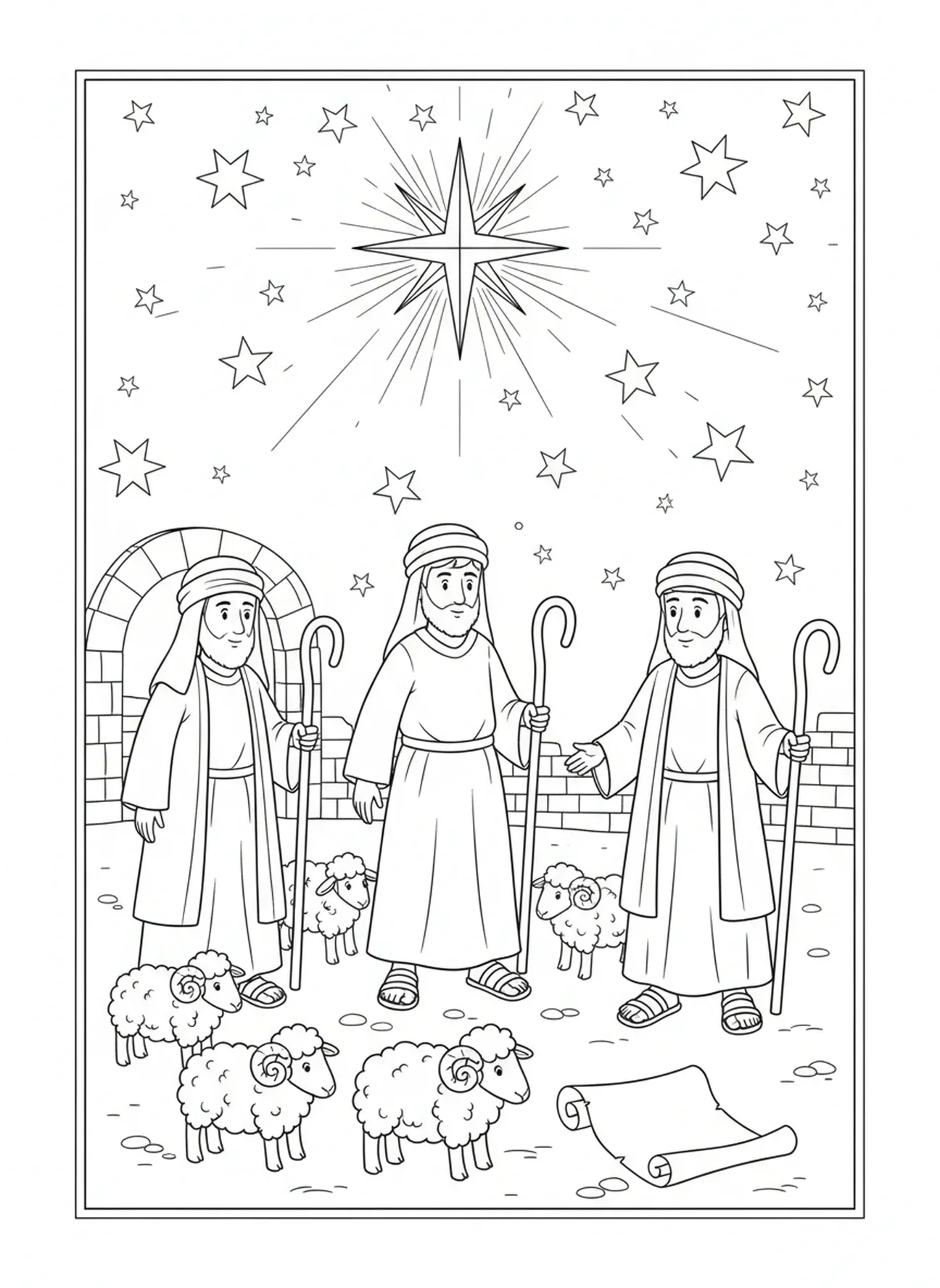 Trois bergers, page à colorier des bergers de la Nativité trouvant Jésus pour les enfants de l'École du dimanche âgés de 5 à 12 ans.