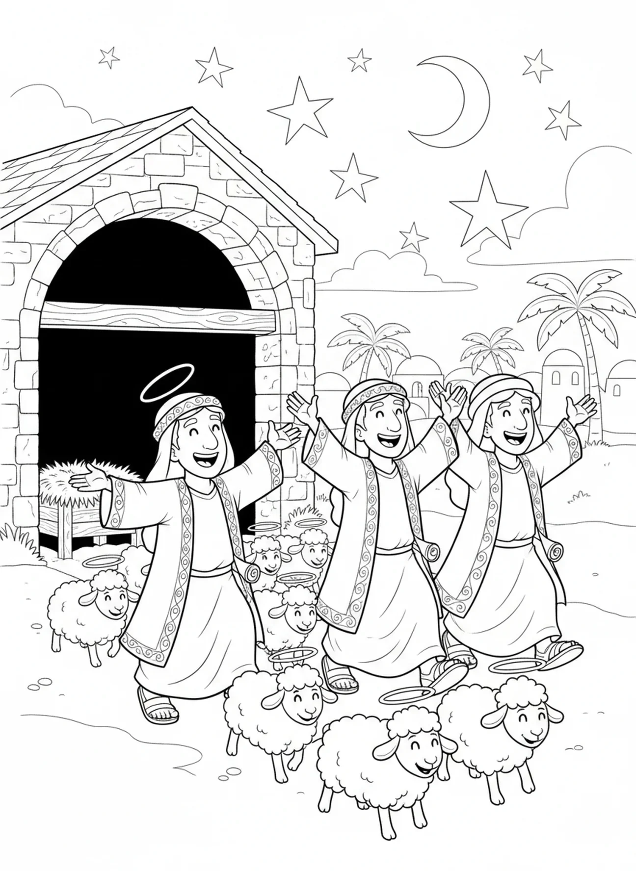 Les bergers partent joyeusement, page à colorier des bergers de la Nativité trouvant Jésus pour les enfants de l'École du dimanche âgés de 5 à 12 ans.