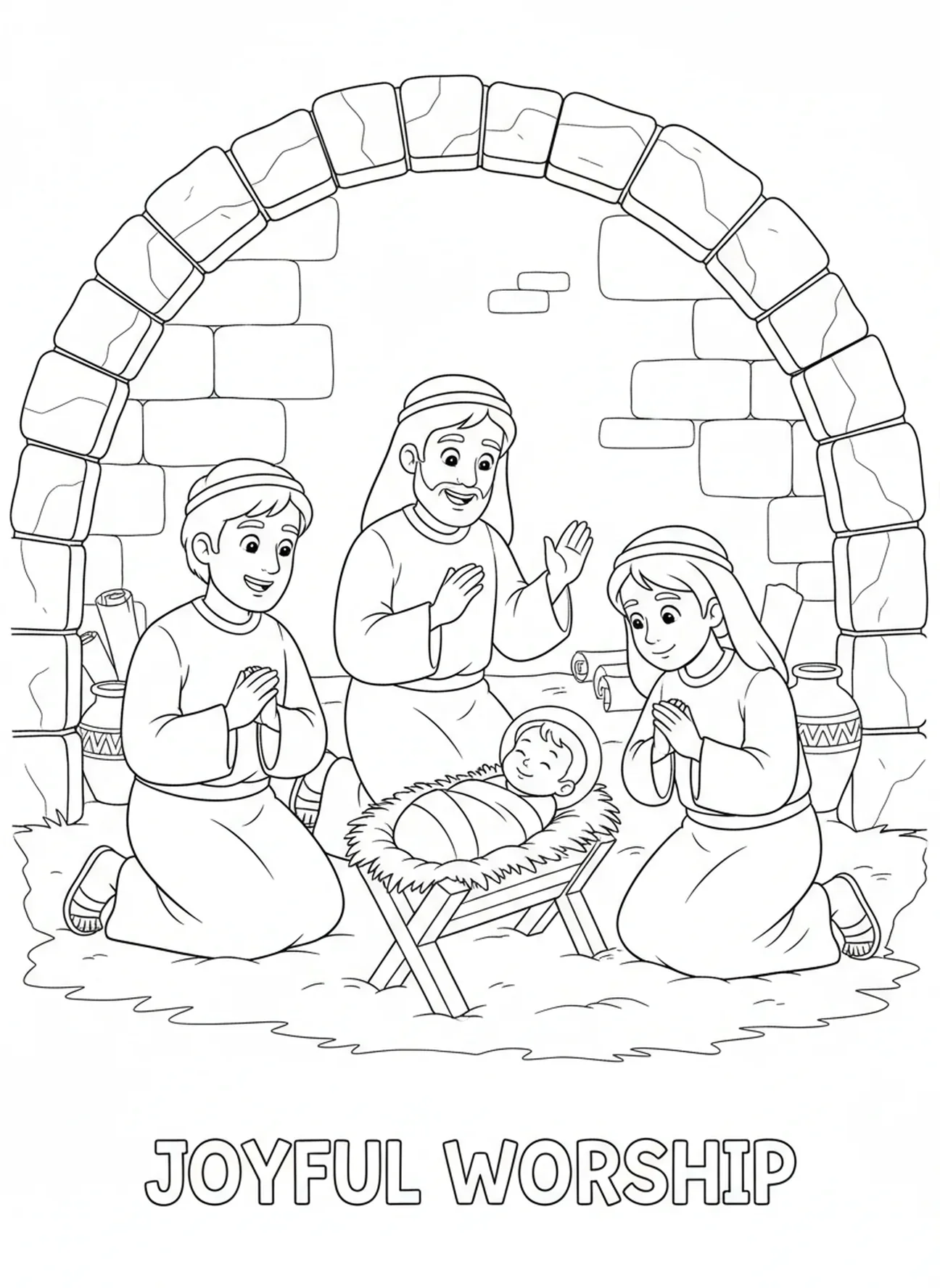 Bergers à genoux, page à colorier des bergers de la Nativité trouvant Jésus pour les enfants de l'École du dimanche âgés de 5 à 12 ans.