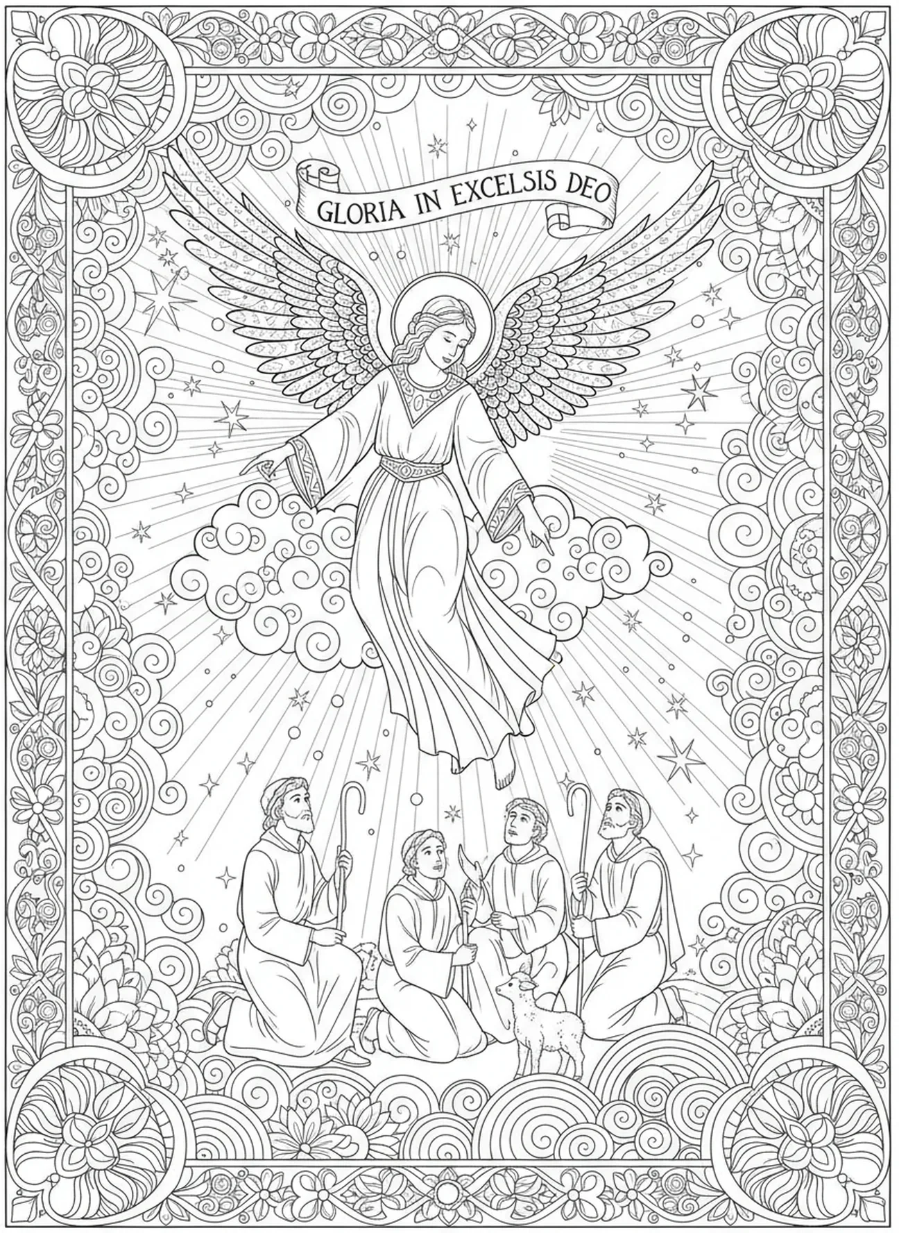 Anjo ornamentado, página para colorir da Estrela de Natal sobre Belém no estilo de diário bíblico para adultos