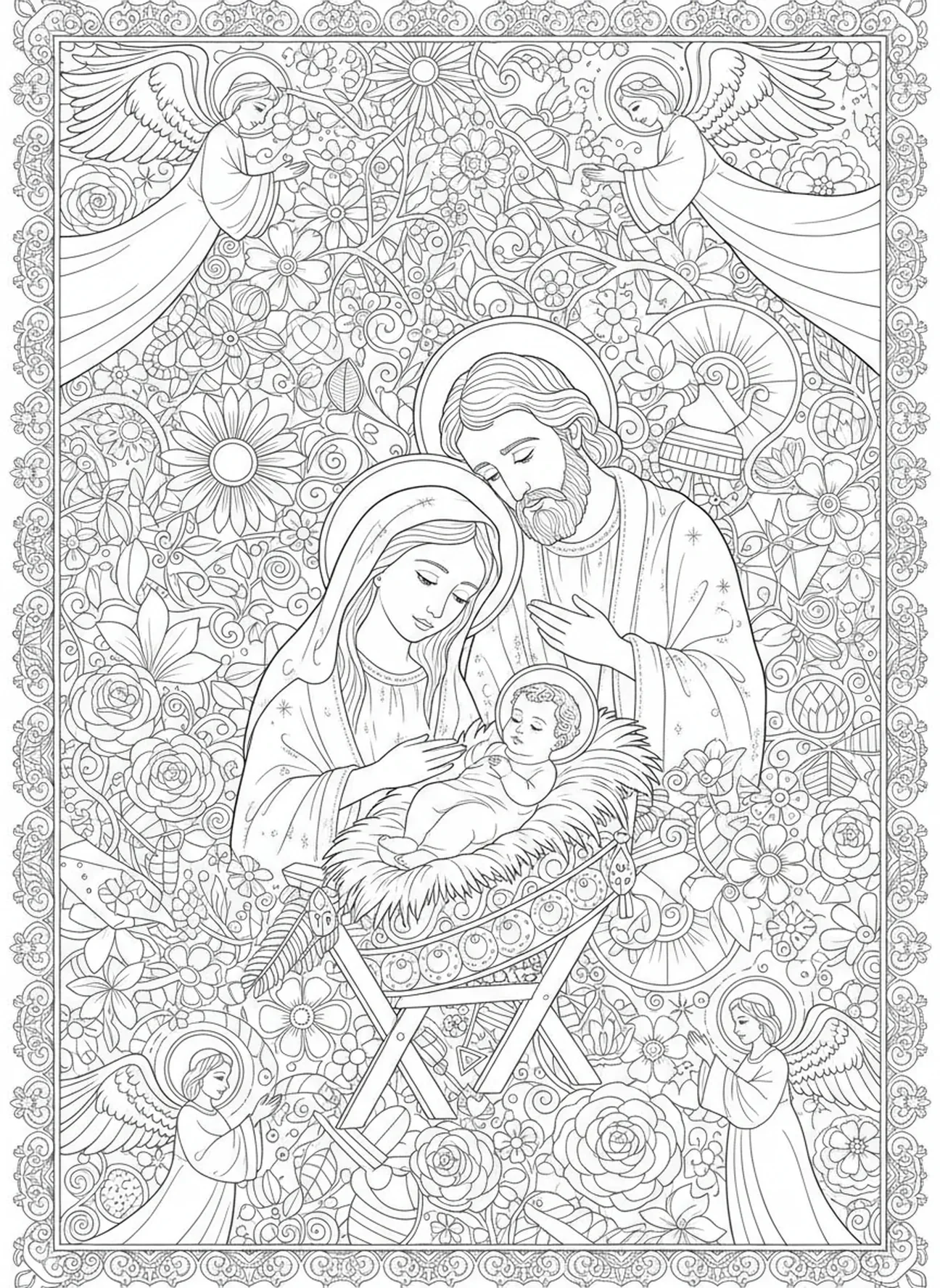 Maria e José no estábulo, página de colorir da Estrela de Natal sobre Belém para adultos no estilo de journaling bíblico