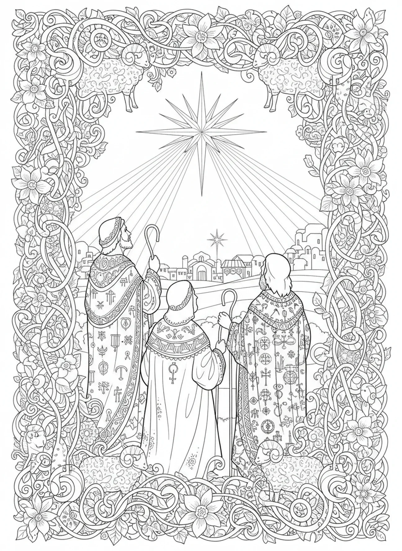 Grupo de pastores, página para colorir da Estrela de Natal sobre Belém no estilo de journaling bíblico para adultos