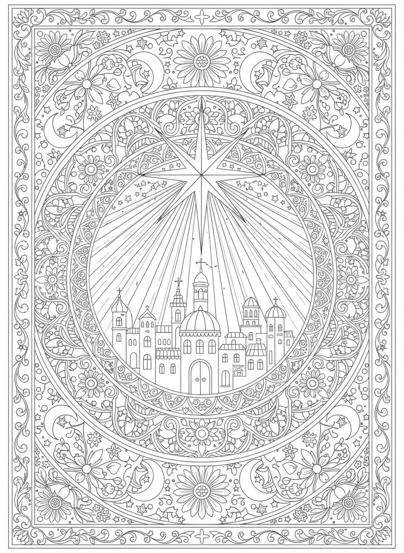 Estrela radiante sobre Belém, página de colorir da Estrela da Natividade para adultos no estilo de journaling bíblico