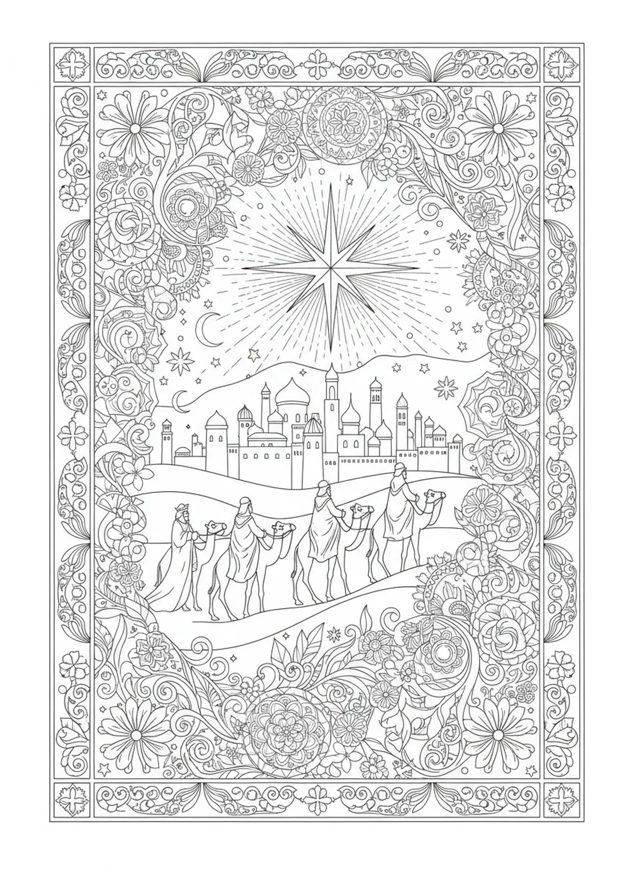 Três sábios em camelos, página de colorir da Estrela de Natal sobre Belém no estilo de journaling bíblico para adultos