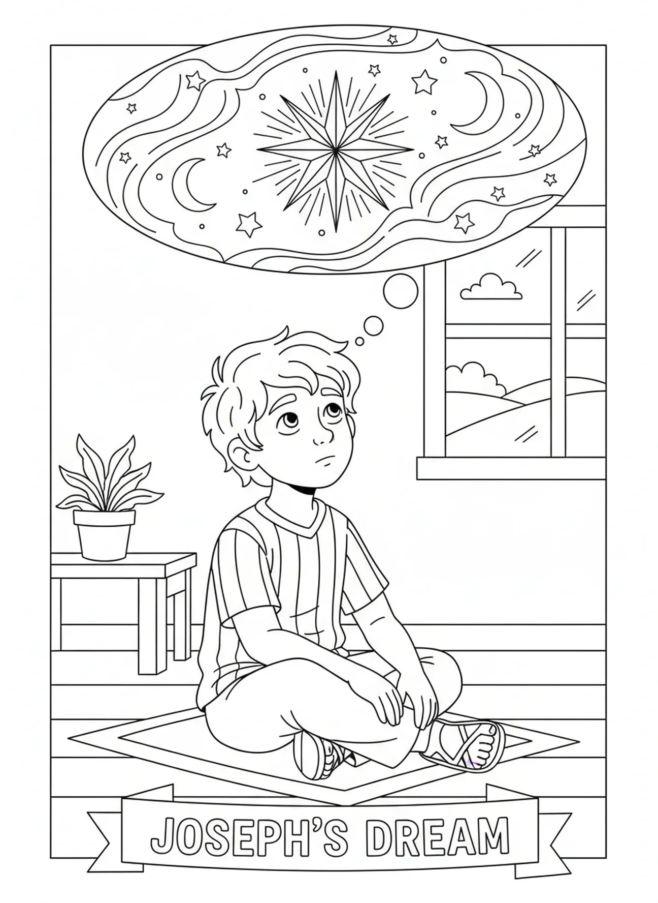 Joseph réfléchissant à un rêve, page à colorier de l'Étoile de la Nativité au-dessus de Bethléem pour les enfants de 5 à 10 ans.