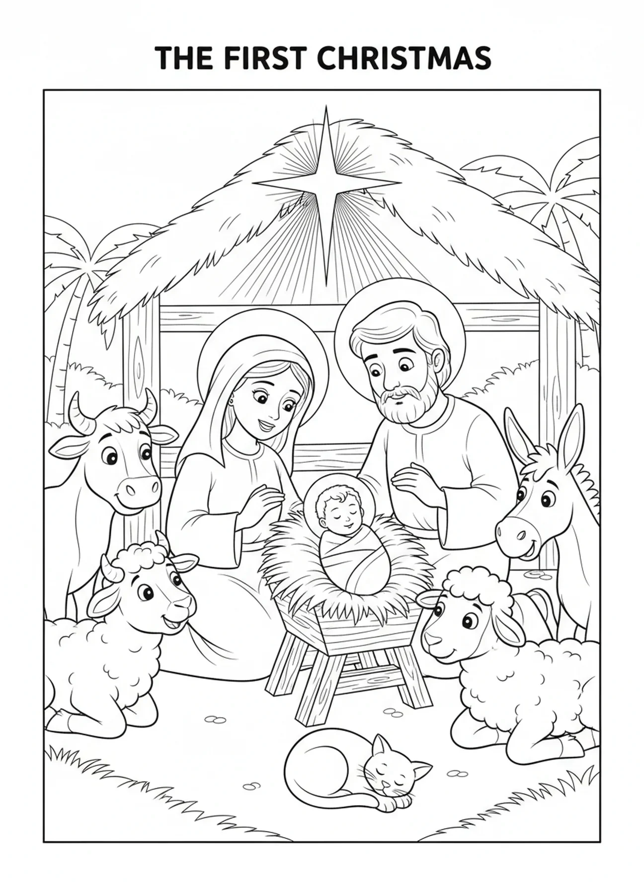 Marie et Joseph avec le bébé Jésus dans une crèche, page à colorier de l'Étoile de Noël sur Bethléem pour les enfants de 5 à 10 ans.