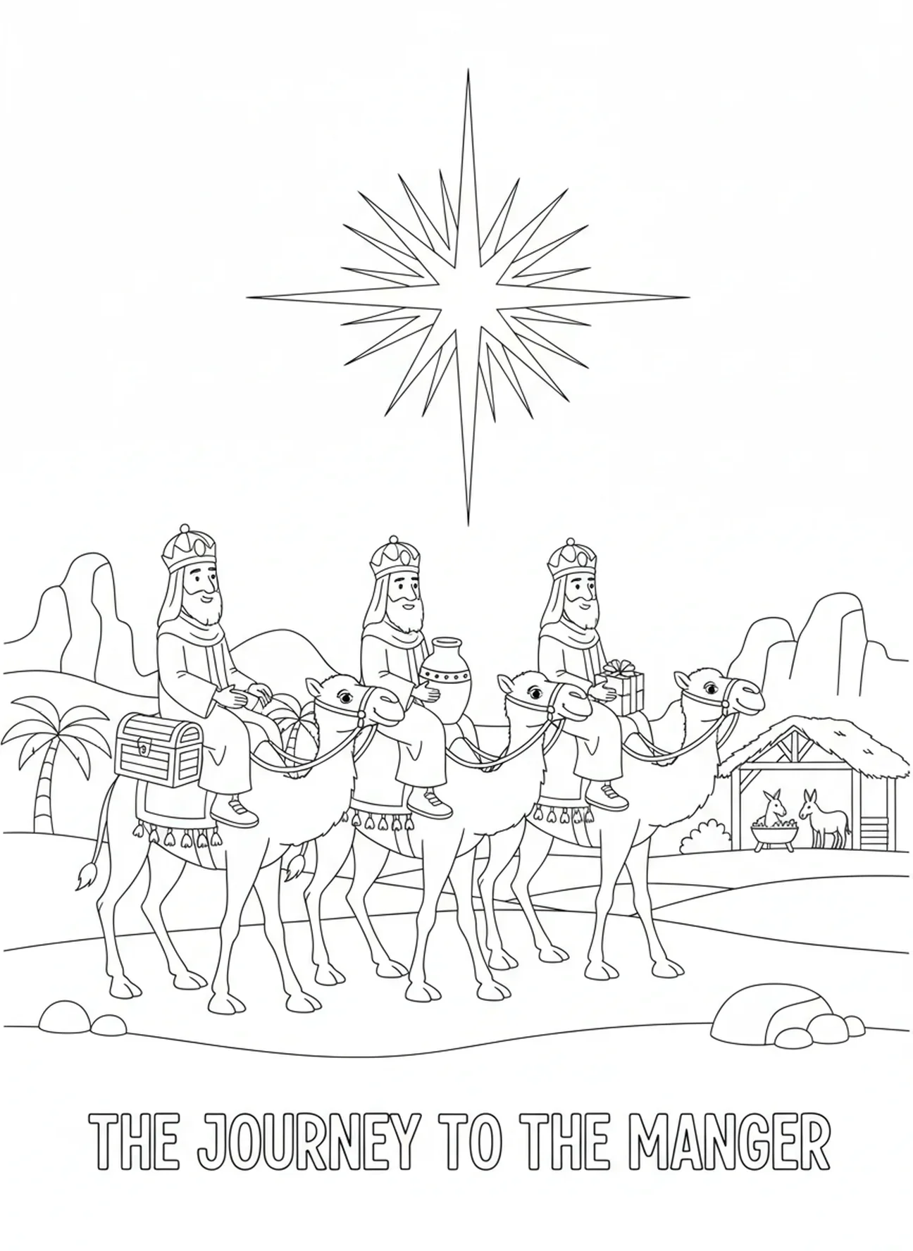 Trois rois mages sur des chameaux suivant l'étoile, page à colorier de l'Étoile de la Nativité à Bethléem pour les enfants de 5 à 10 ans.