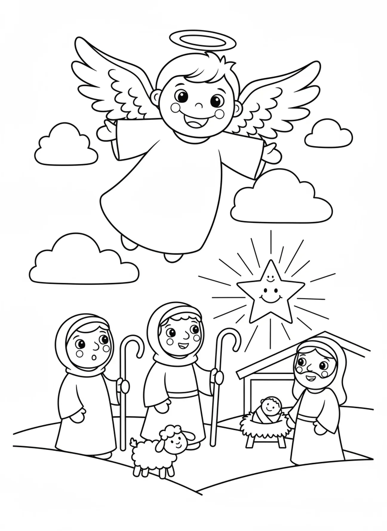Anjo sorridente no céu, página de colorir da Estrela de Natal sobre Belém para crianças de 3 a 5 anos