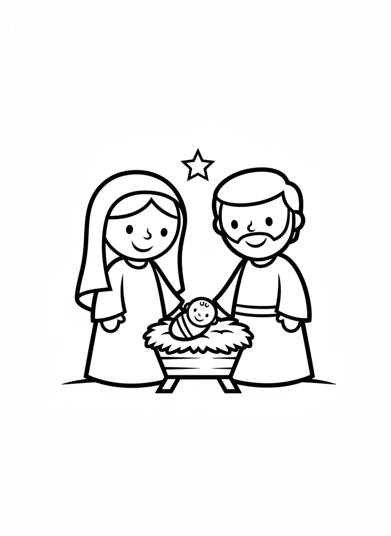 Maria e José ao lado do presépio, página para colorir da Estrela de Natal sobre Belém para crianças de 3 a 5 anos
