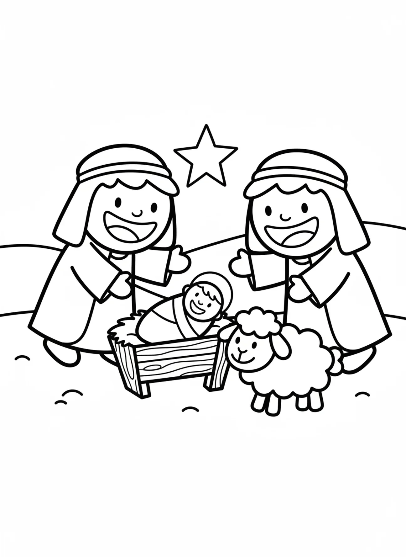 Dois pastores sorridentes e uma ovelha, página para colorir da Estrela de Natal sobre Belém para crianças de 3 a 5 anos