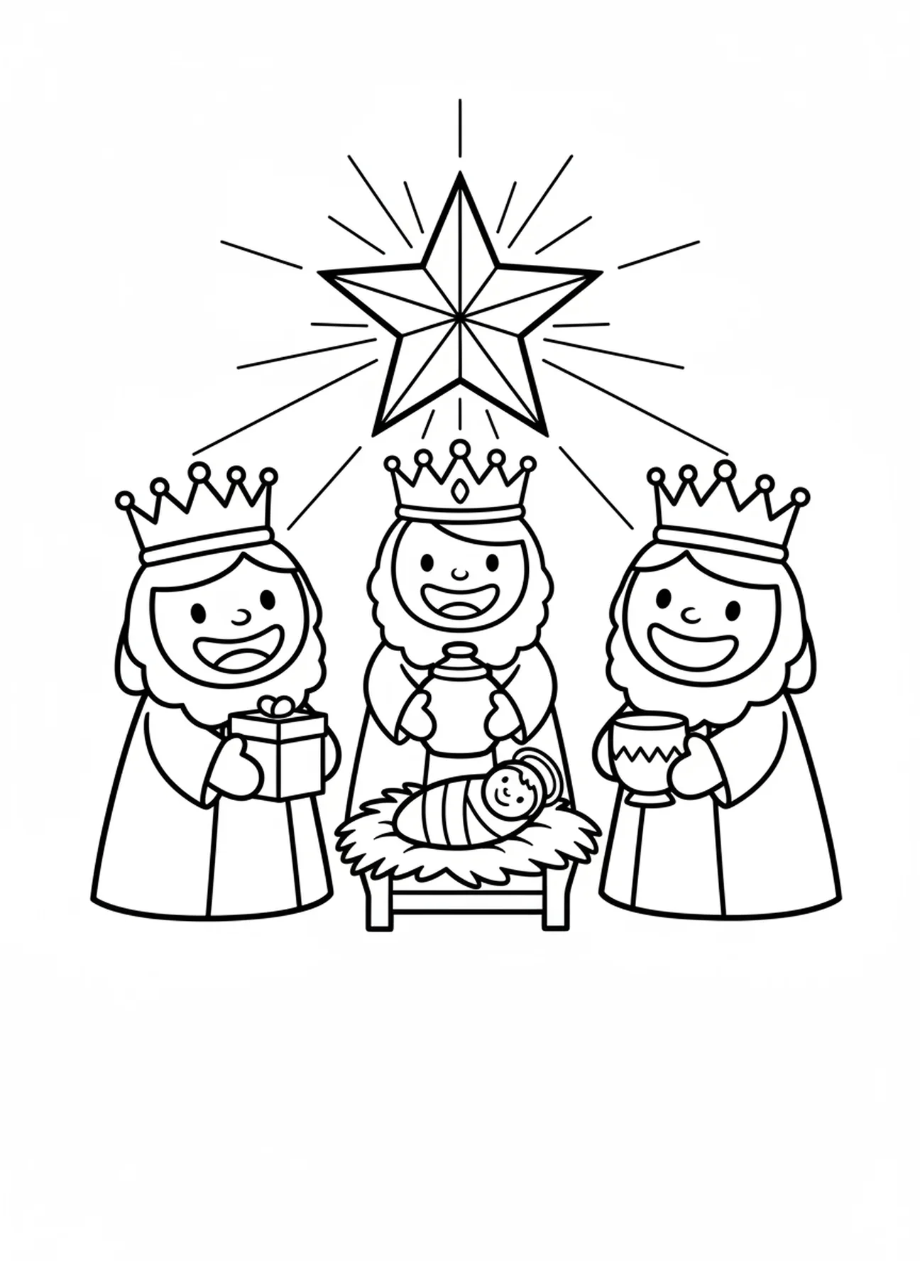 Três sábios com presentes, página de colorir da Estrela de Natal sobre Belém para crianças de 3 a 5 anos