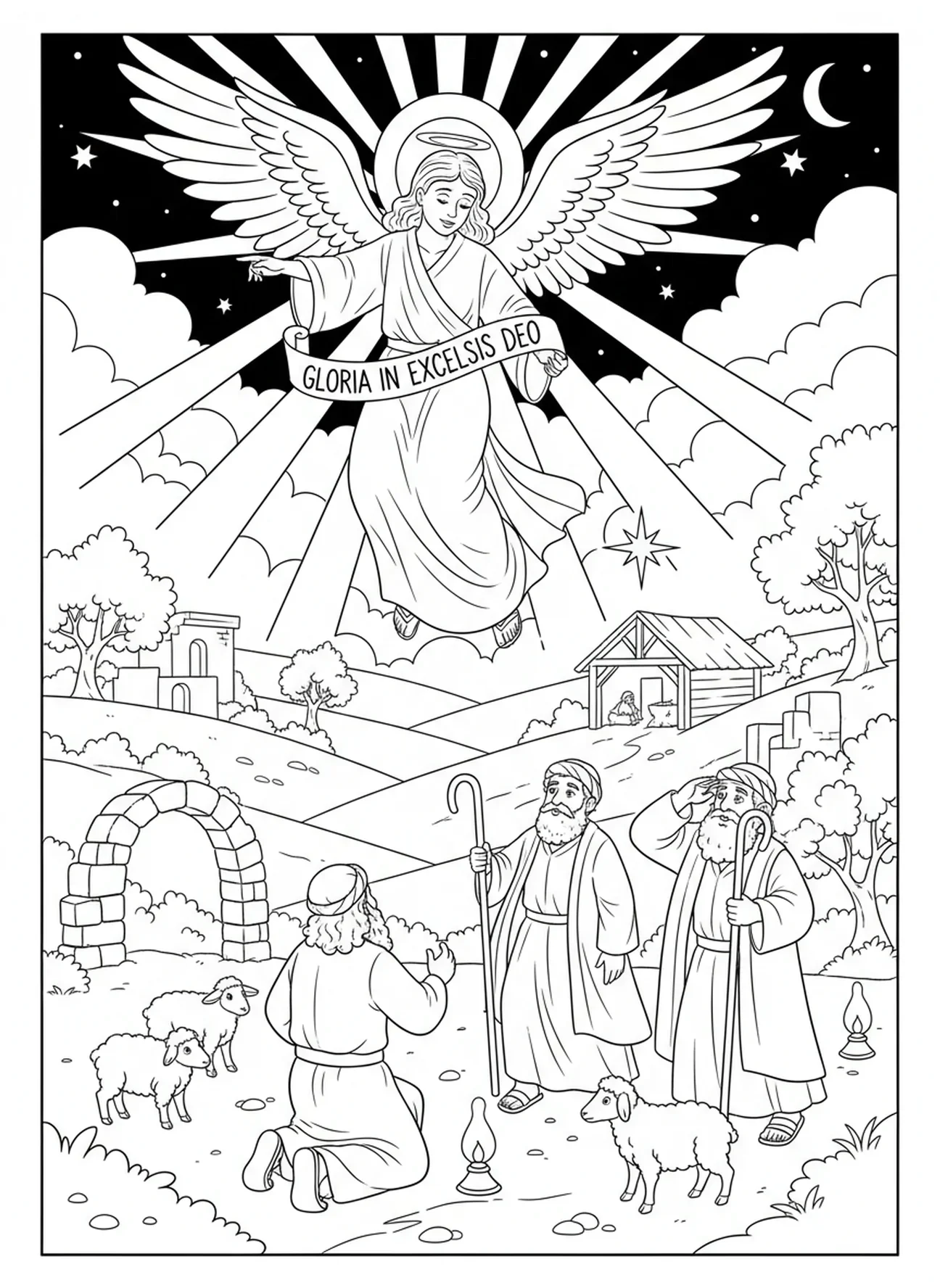 Anjo anunciando o nascimento de Jesus, página de colorir Estrela de Natal sobre Belém para crianças da Escola Dominical de 5 a 12 anos.