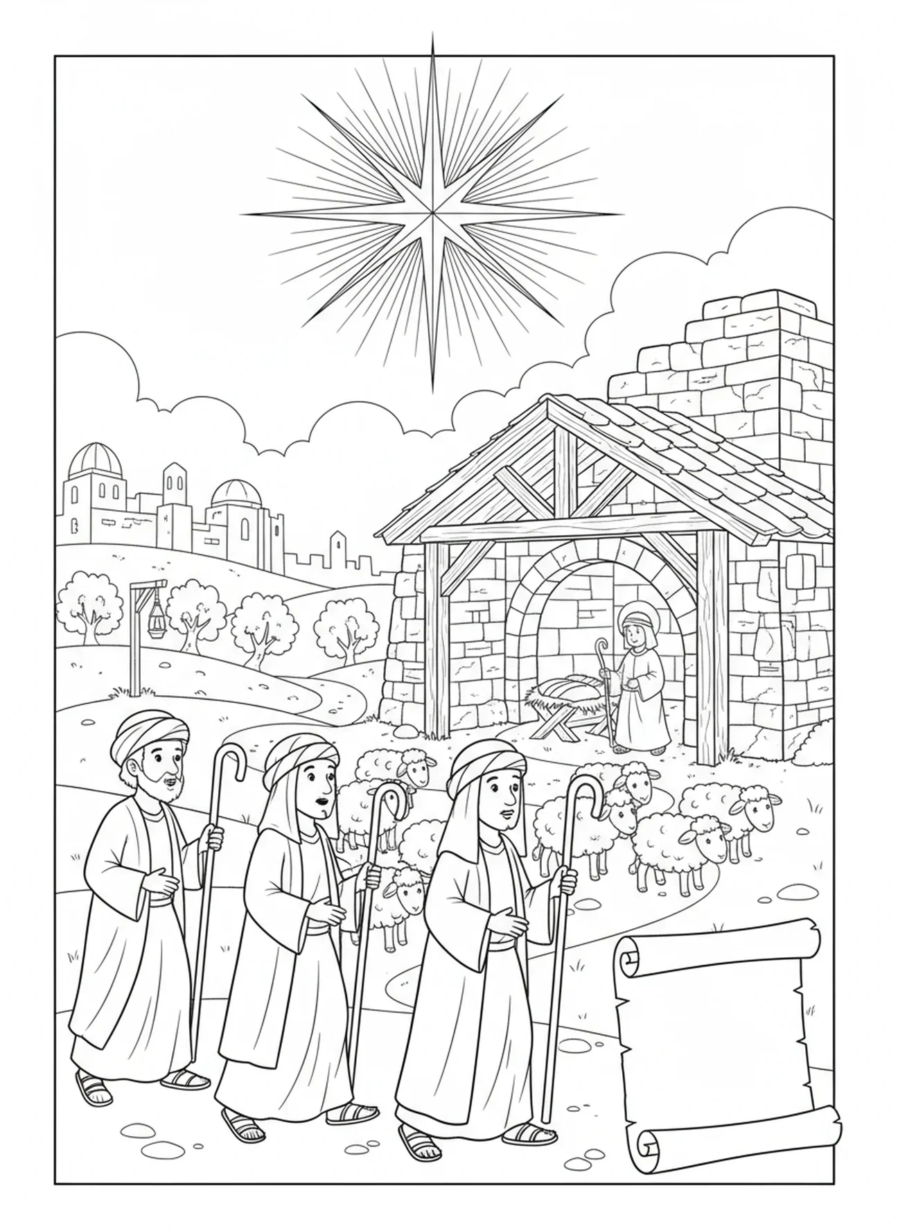 Pastores a caminho do presépio, página de colorir da Estrela de Natal sobre Belém para crianças da Escola Dominical de 5 a 12 anos.