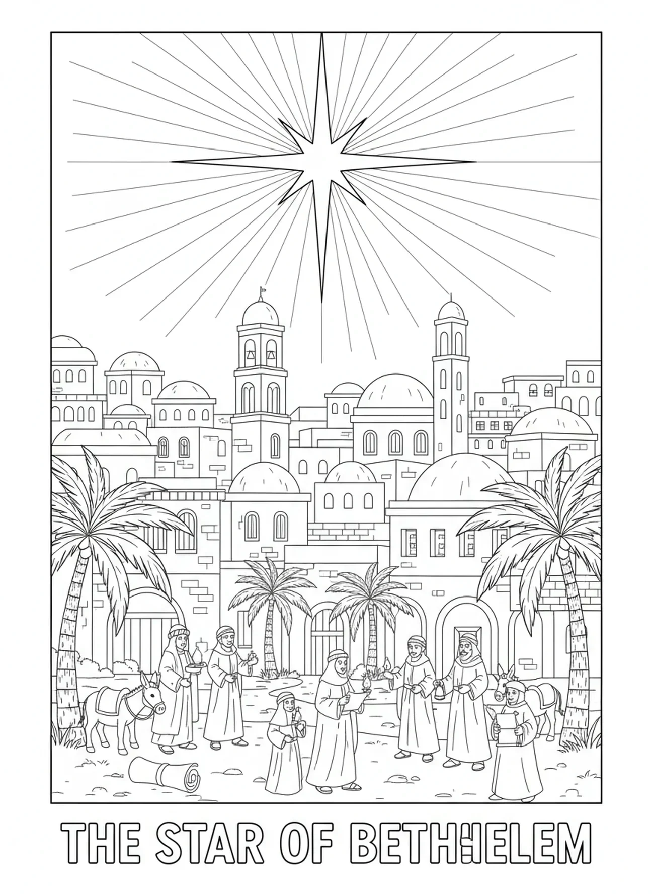 Estrela brilhante sobre Belém, página de colorir da Estrela da Natividade para crianças da Escola Dominical de 5 a 12 anos.