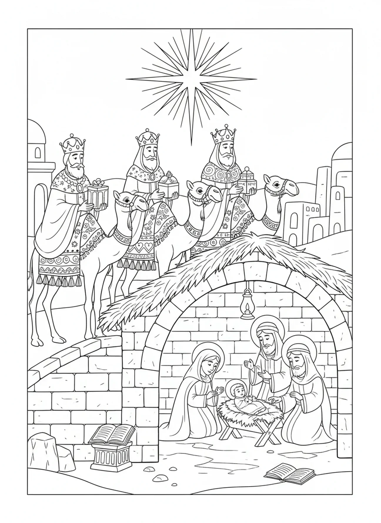Três reis magos em camelos, página de colorir da Estrela de Natal sobre Belém para crianças da Escola Dominical de 5 a 12 anos.