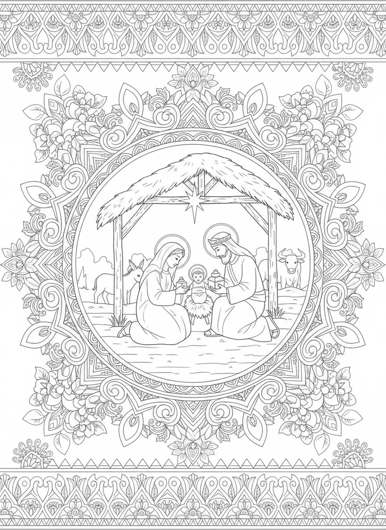Weise Männer, die Geschenke bringen, Ausmalbild der Weisen aus dem Morgenland für Erwachsene im Bibel-Journaling-Stil.
