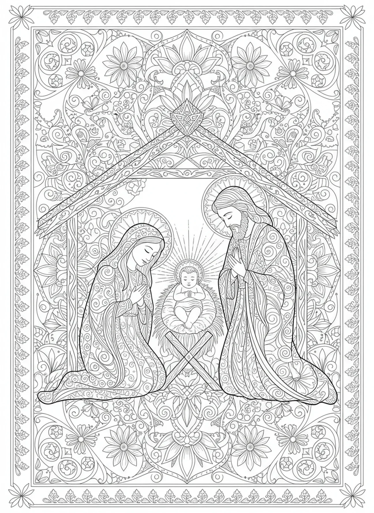 Krippenszene mit dem Baby Jesus, die Weisen aus dem Morgenland bringen Geschenke Ausmalbild für Erwachsene im Stil des Bibel-Journalings.