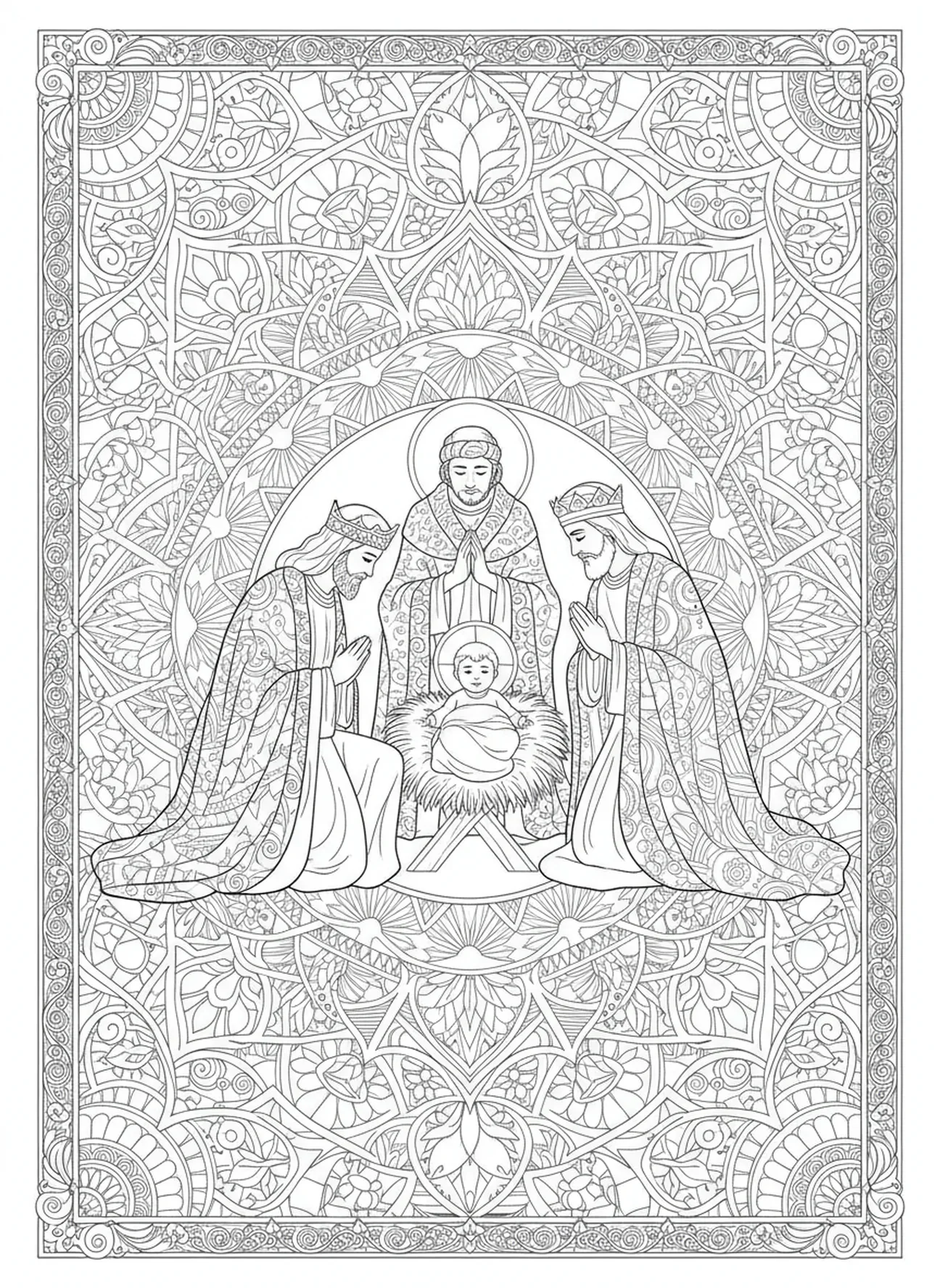 Weise Männer in Anbetung, Ausmalbild der Heiligen Drei Könige bringen Geschenke für Erwachsene im Bibel-Journaling-Stil.