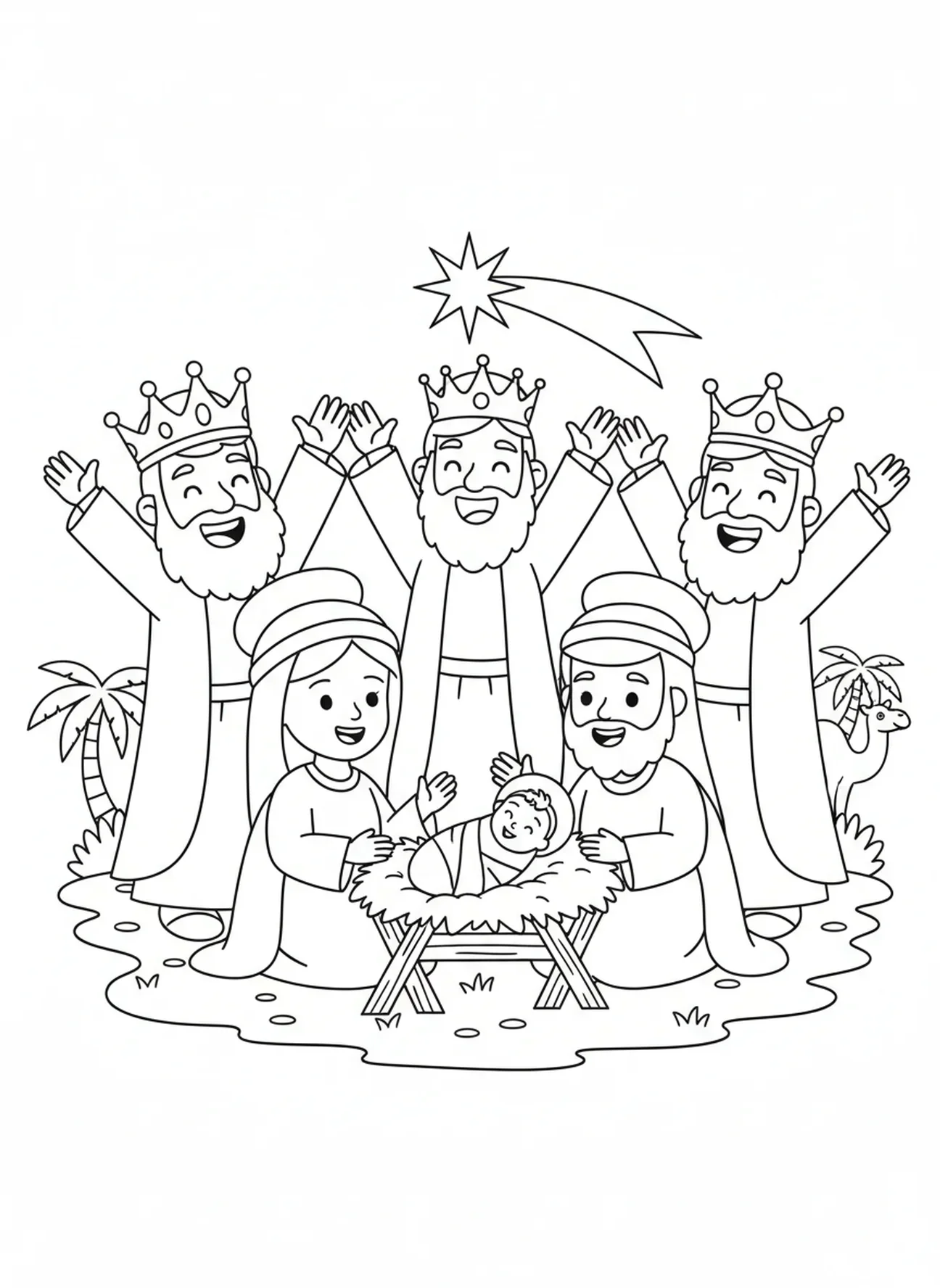 Os Reis Magos celebrando ao redor do presépio, página para colorir dos Reis Magos trazendo presentes para crianças de 5 a 10 anos