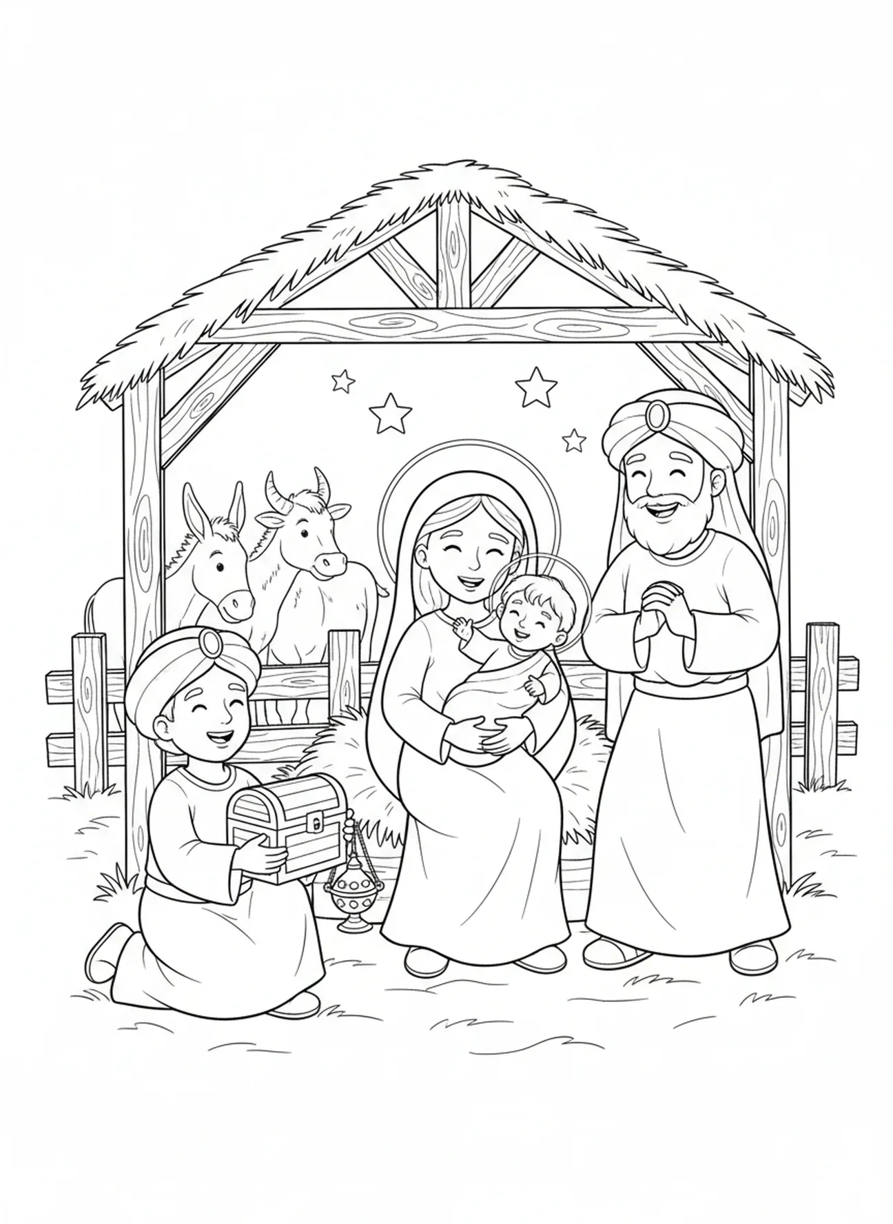 Maria segurando o bebê Jesus em um estábulo, página de colorir dos Reis Magos trazendo presentes para crianças de 5 a 10 anos