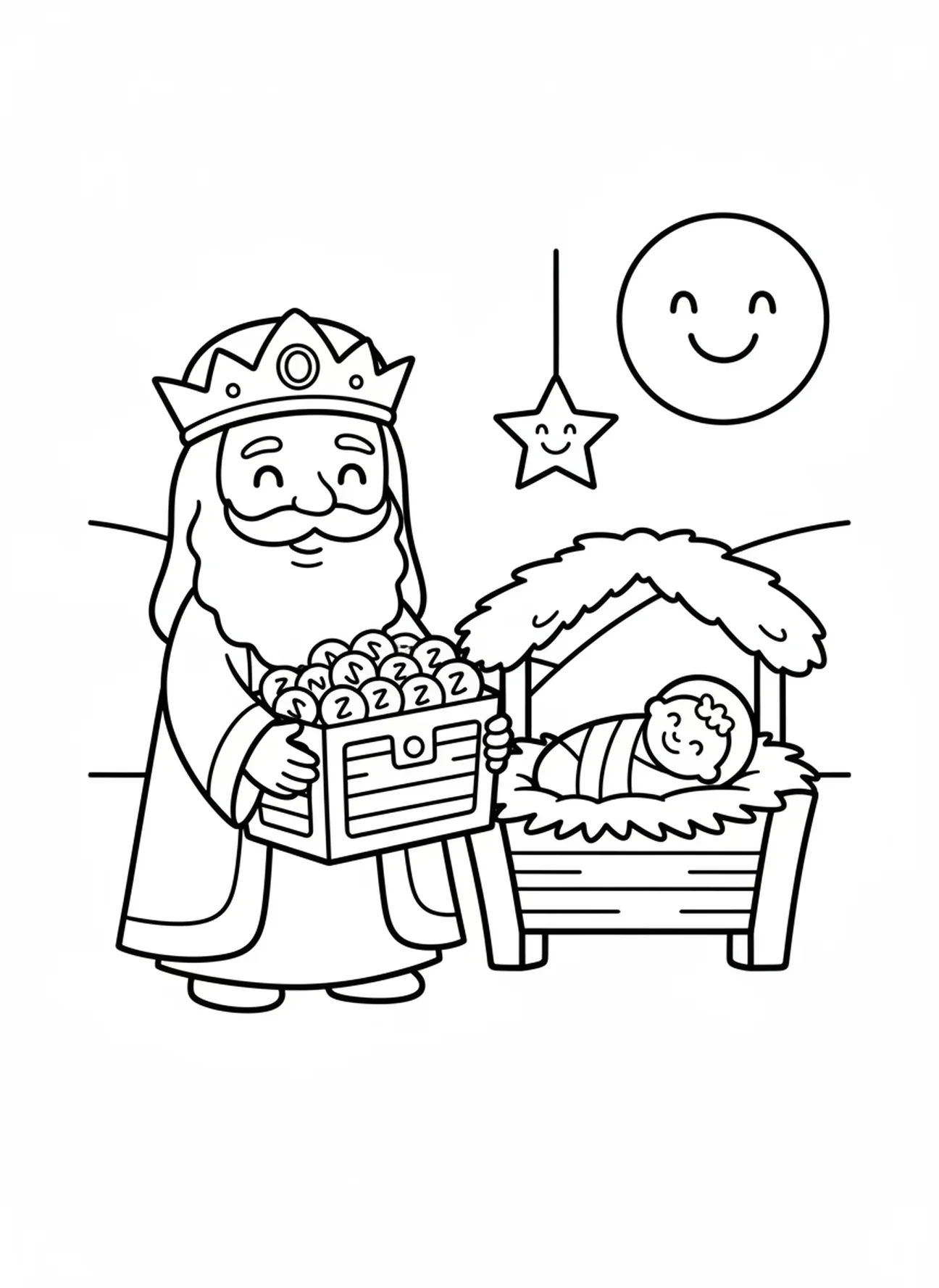 Hombre sabio con un cofre del tesoro, página para colorear de los Reyes Magos trayendo regalos para niños en edad preescolar de 3 a 5 años.