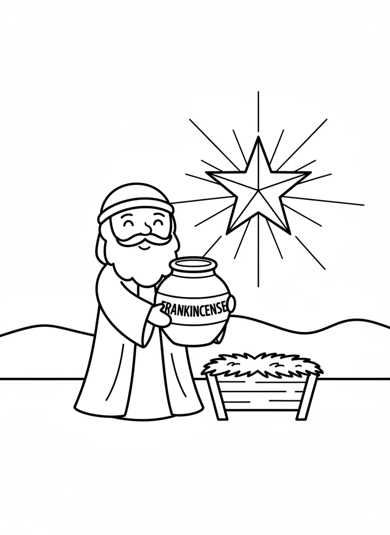 Hombre sabio con un frasco de incienso, página para colorear de la llegada de los Reyes Magos para niños de 3 a 5 años.