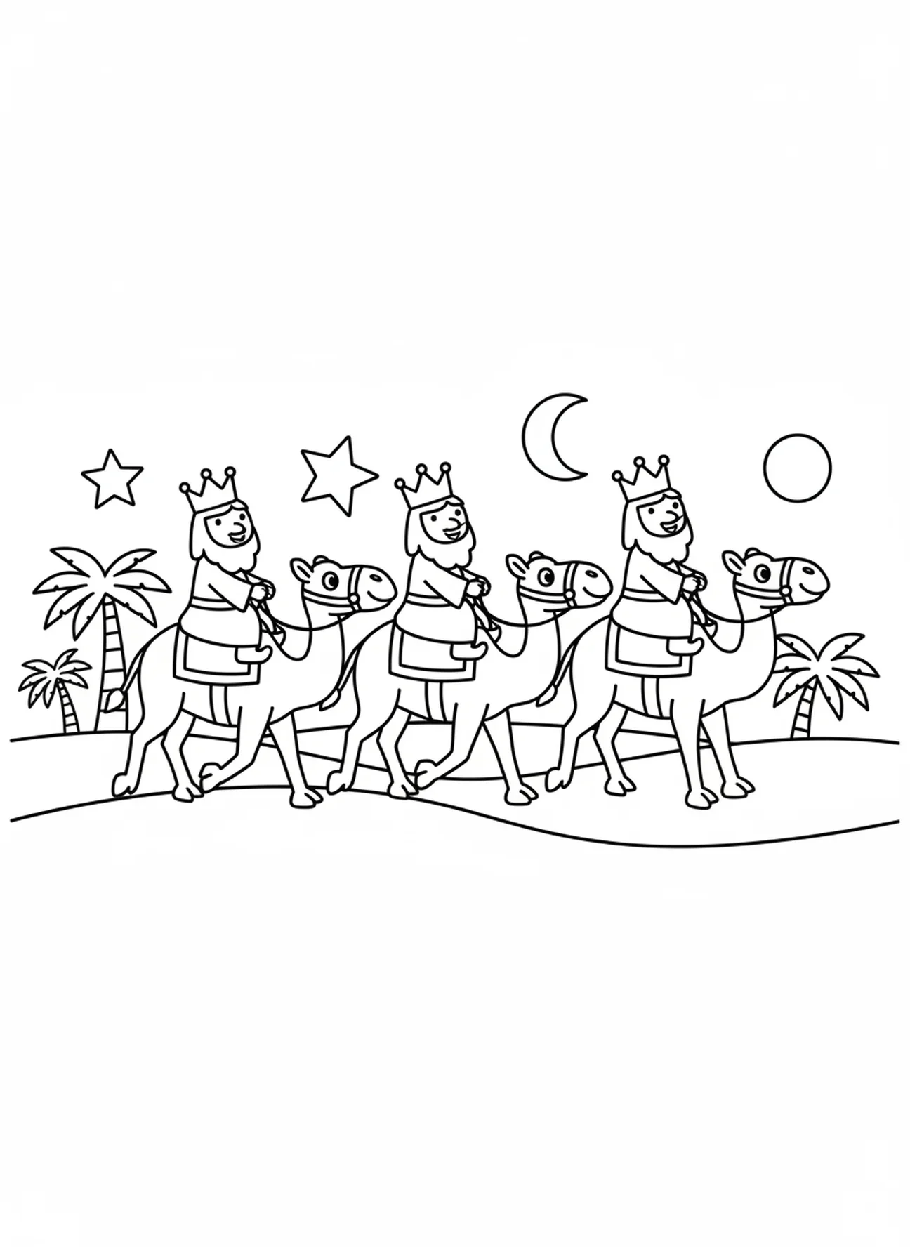 Tres Reyes Magos en camellos, página para colorear de la llegada de los Reyes Magos con regalos para niños de 3 a 5 años.