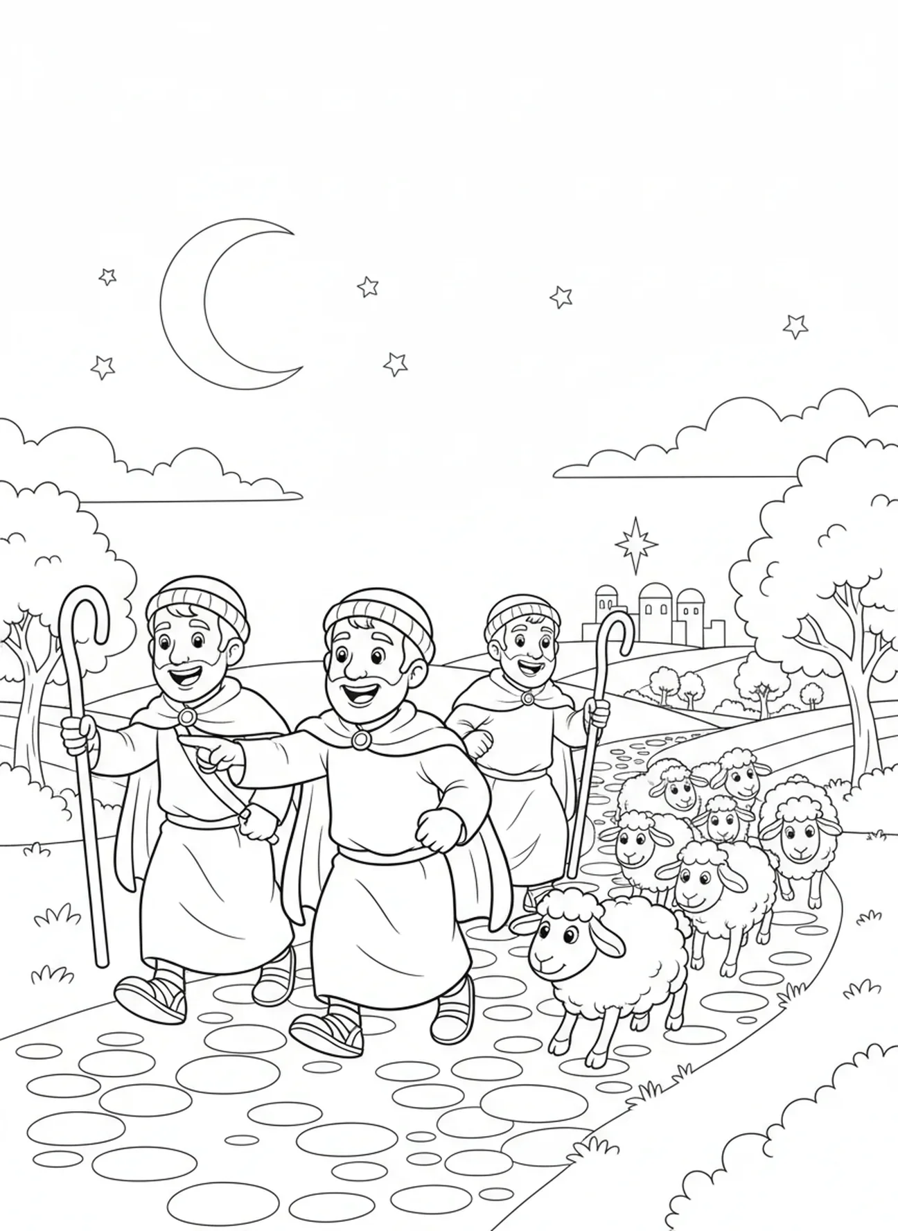 Hirten machen sich auf den Weg nach Bethlehem, Hirten Engel Hirten auf dem Feld mit Schafen Malvorlage für Kinder im Alter von 5-10 Jahren.