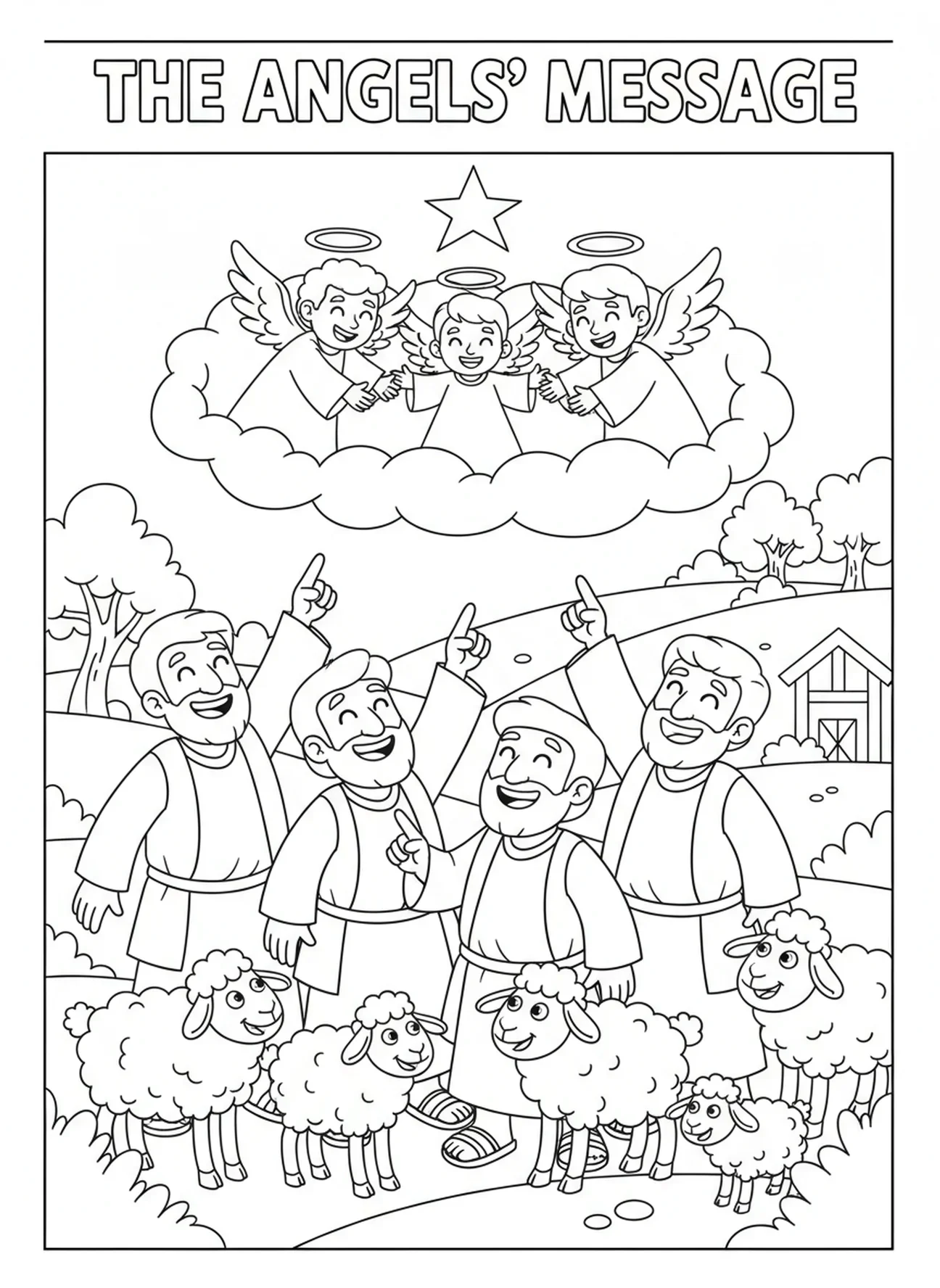 Hirten feiern fröhlich, Hirten Engel Hirten auf dem Feld mit Schafen Malvorlage für Kinder im Alter von 5-10 Jahren.