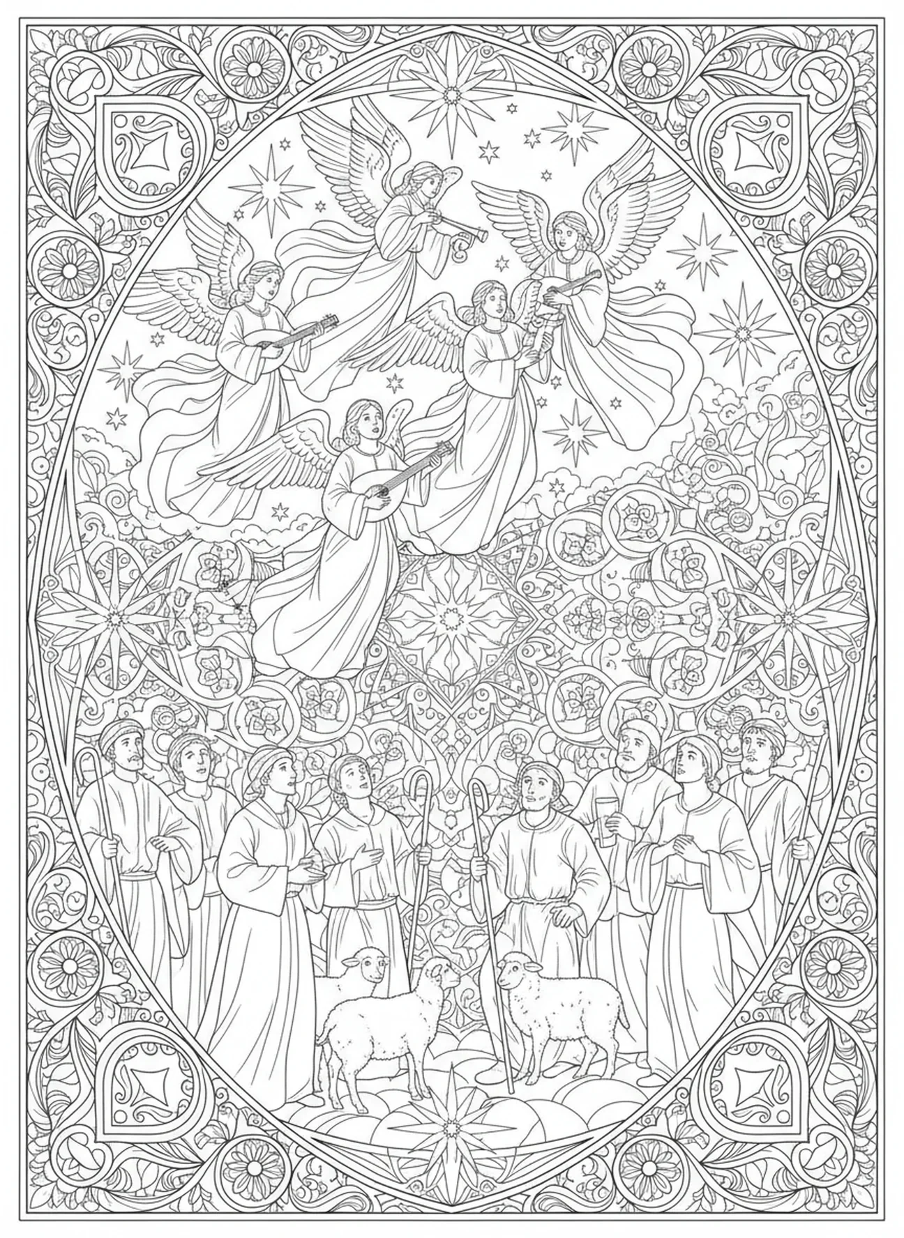 Himmlische Heerscharen singen über den Hirten, Ausmalbild für Erwachsene im Bibel-Journaling-Stil.