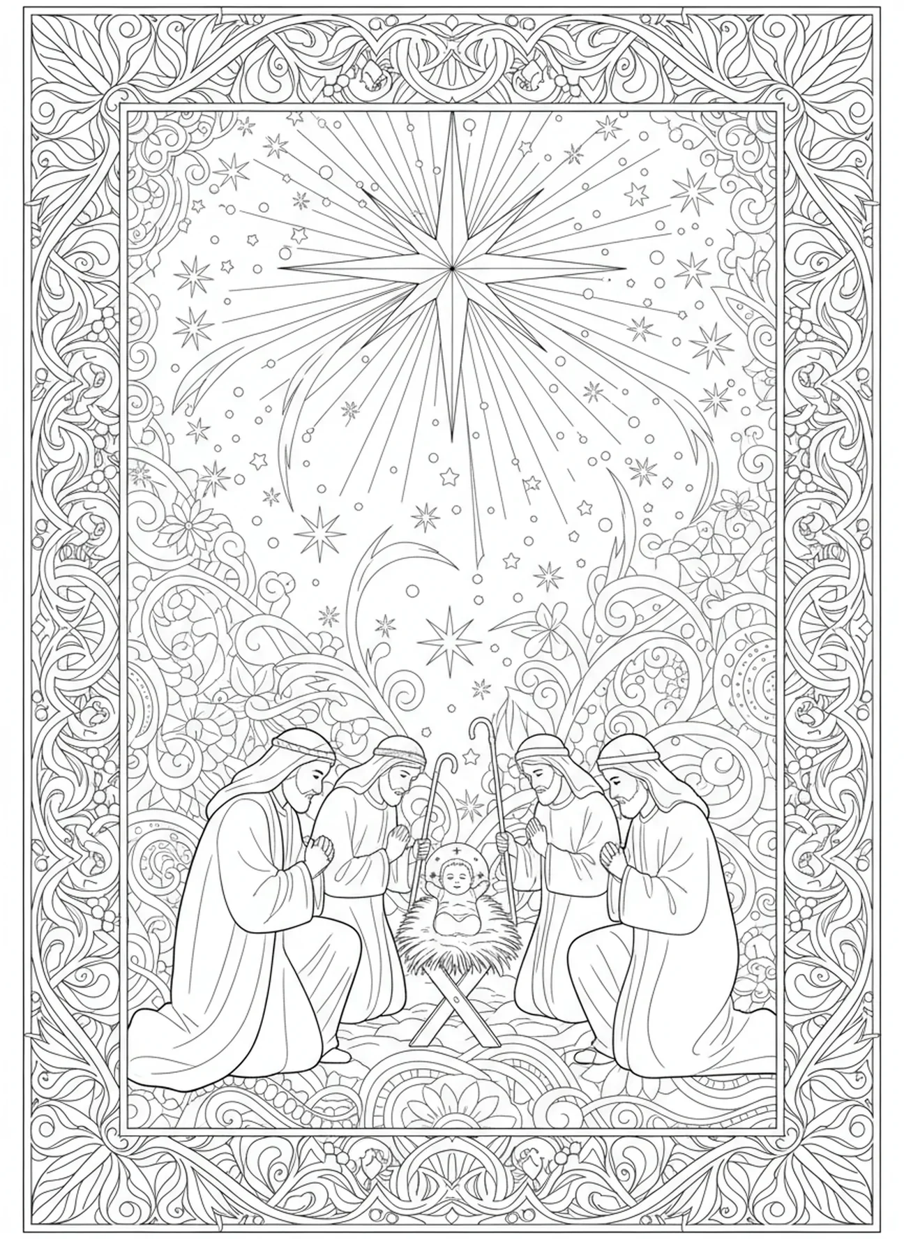 Hirten an der Krippe, Hirten Engel Ausmalbild für Erwachsene im Bibel-Journaling-Stil.