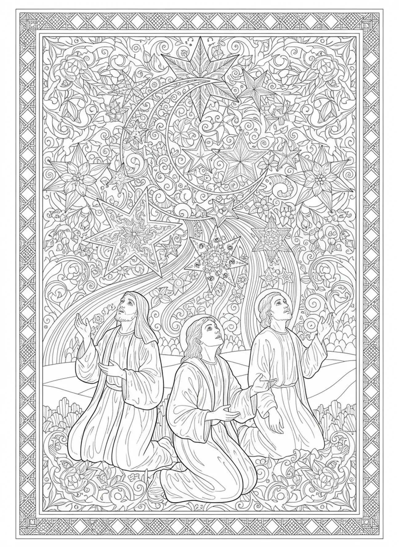 Freudige Hirten mit engelhaftem Botschaft, Hirten Engel Ausmalbild für Erwachsene im Bibel-Journaling-Stil.
