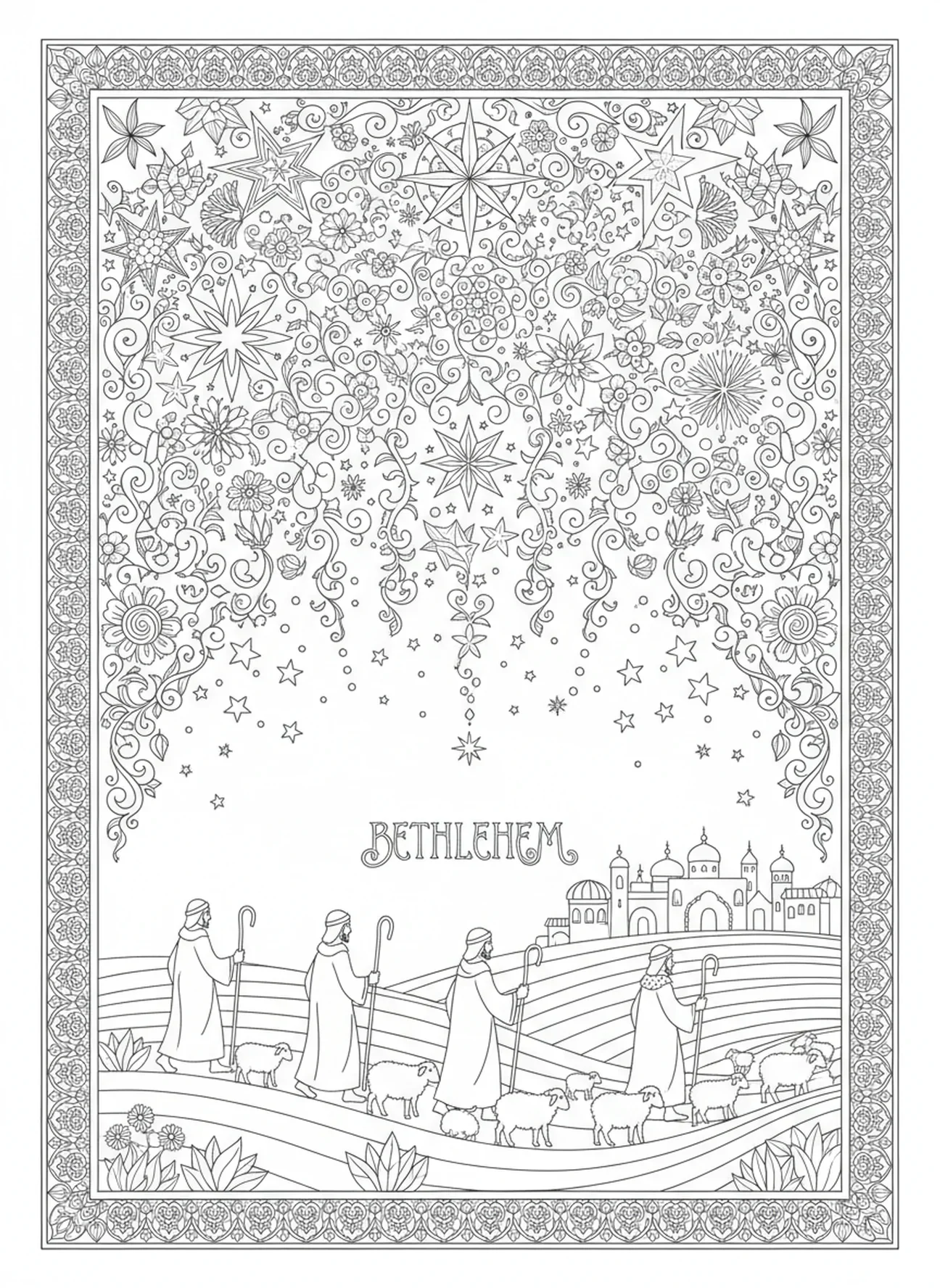 Hirten auf dem Weg nach Bethlehem, Ausmalbild für Erwachsene im Stil des Bibel-Journalings.