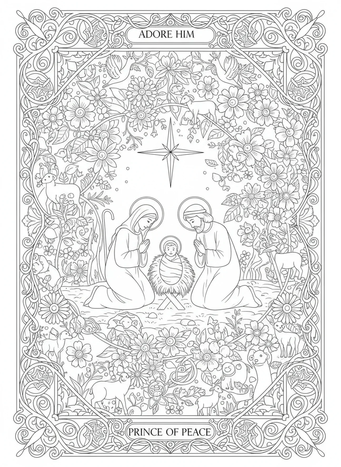 Hirten, die das Christkind anbeten, Ausmalbild für Erwachsene im Stil des Bibeljournaling.