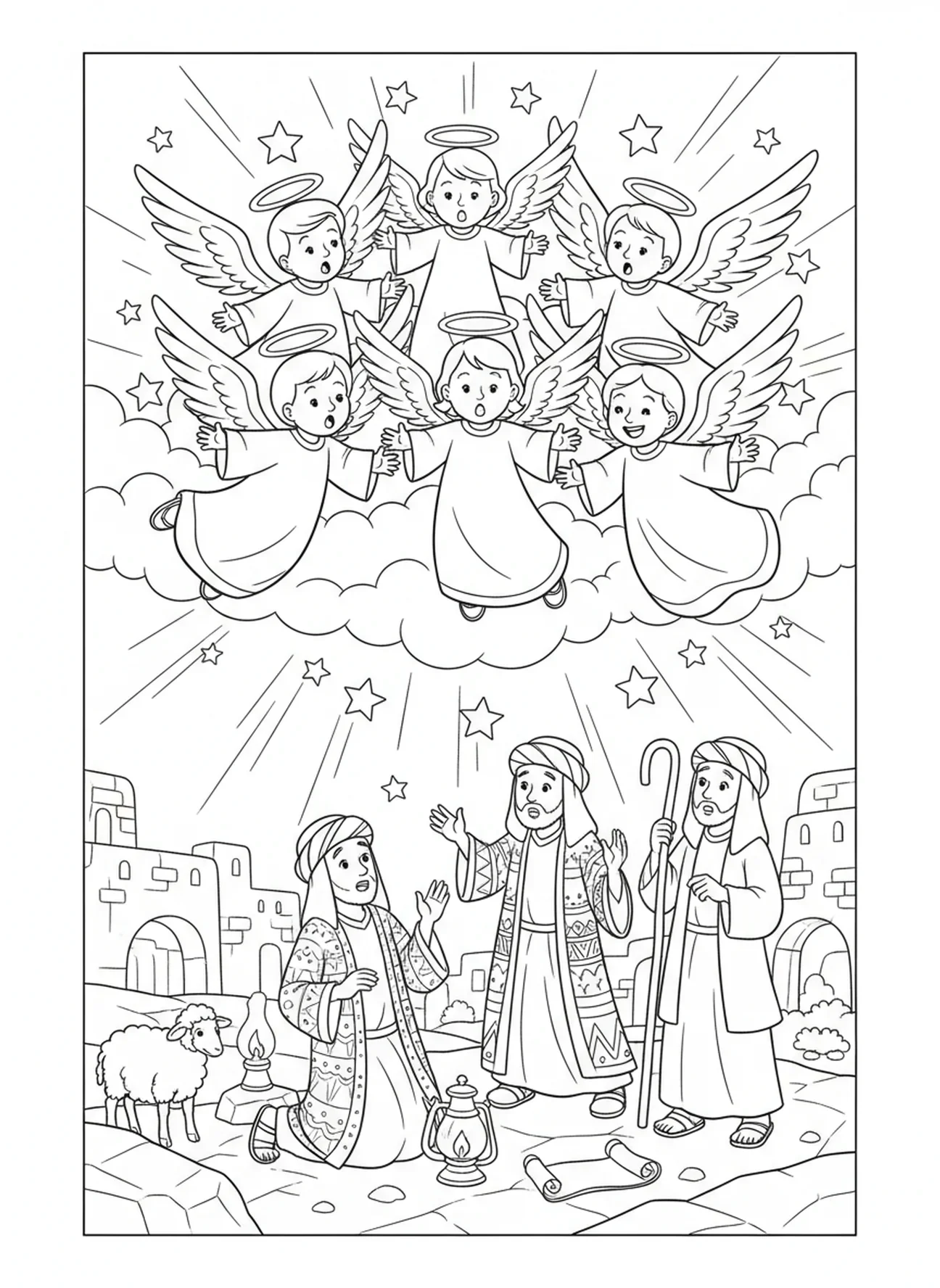 Anges dans le ciel, page à colorier des anges pour les enfants de l'École du dimanche âgés de 5 à 12 ans.