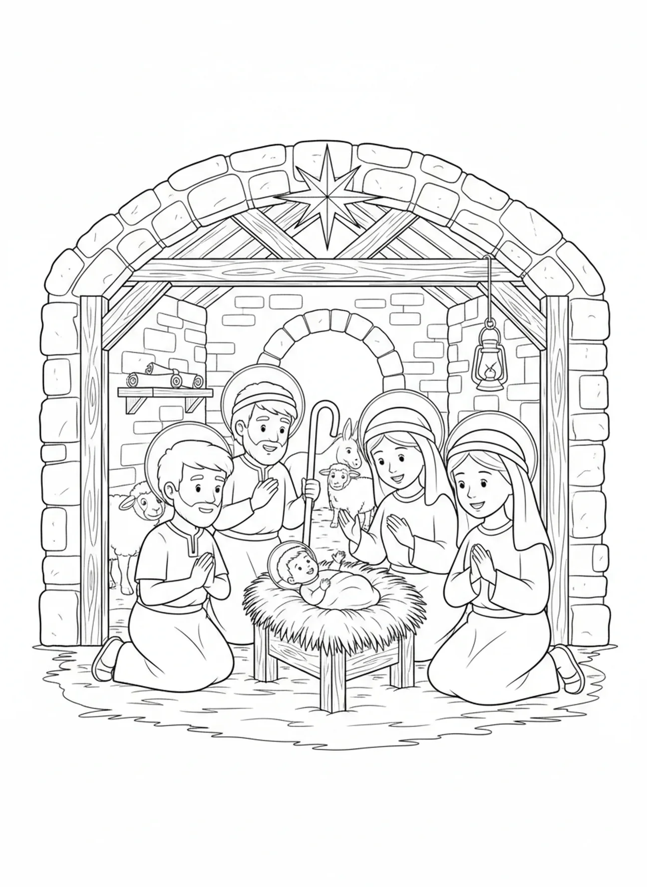 Bergers à la crèche, page à colorier des anges bergers pour les enfants de l'École du dimanche âgés de 5 à 12 ans.
