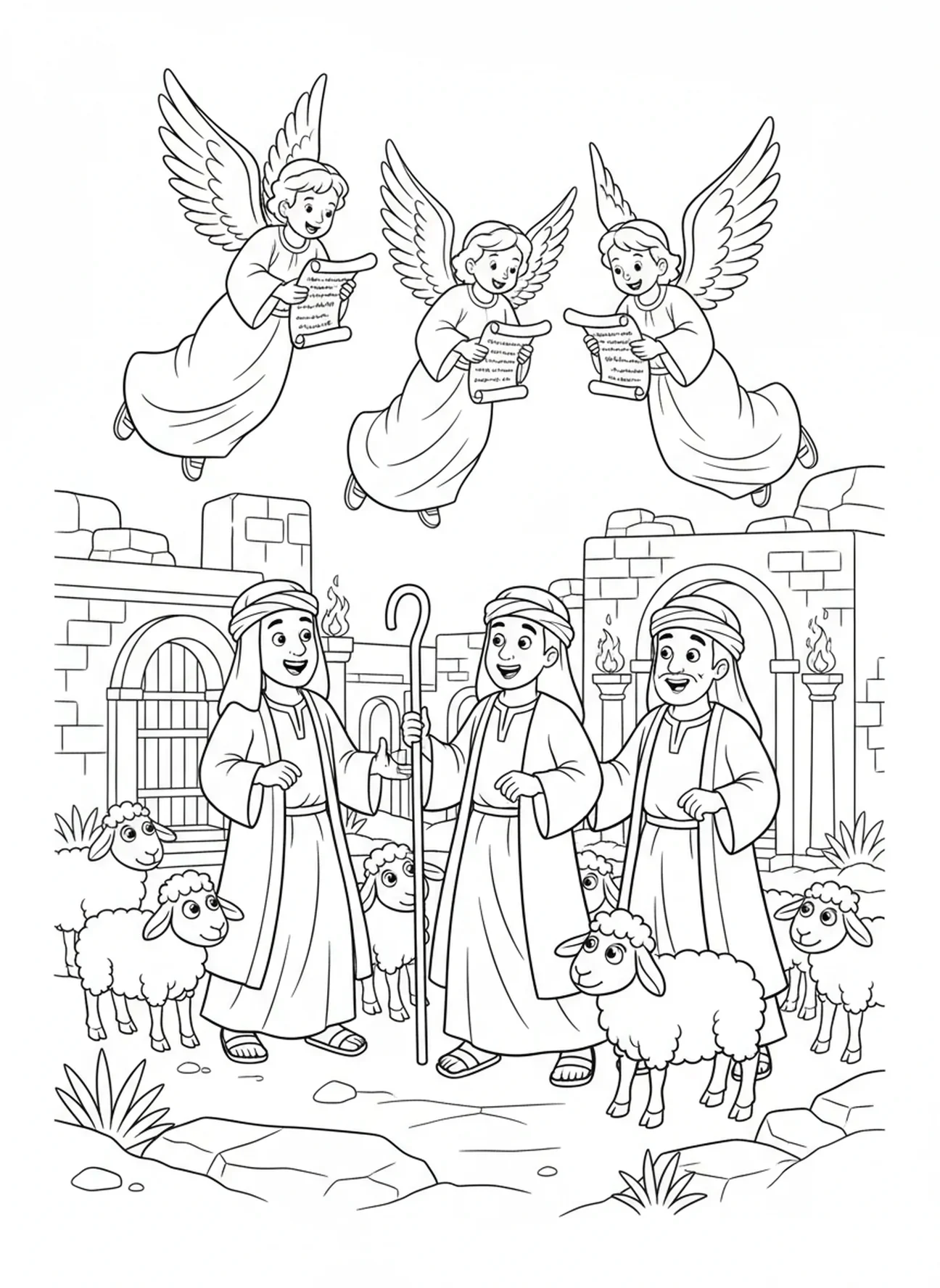 Bergers écoutant attentivement, page à colorier des Bergers et des Anges pour les enfants de l'École du dimanche âgés de 5 à 12 ans.