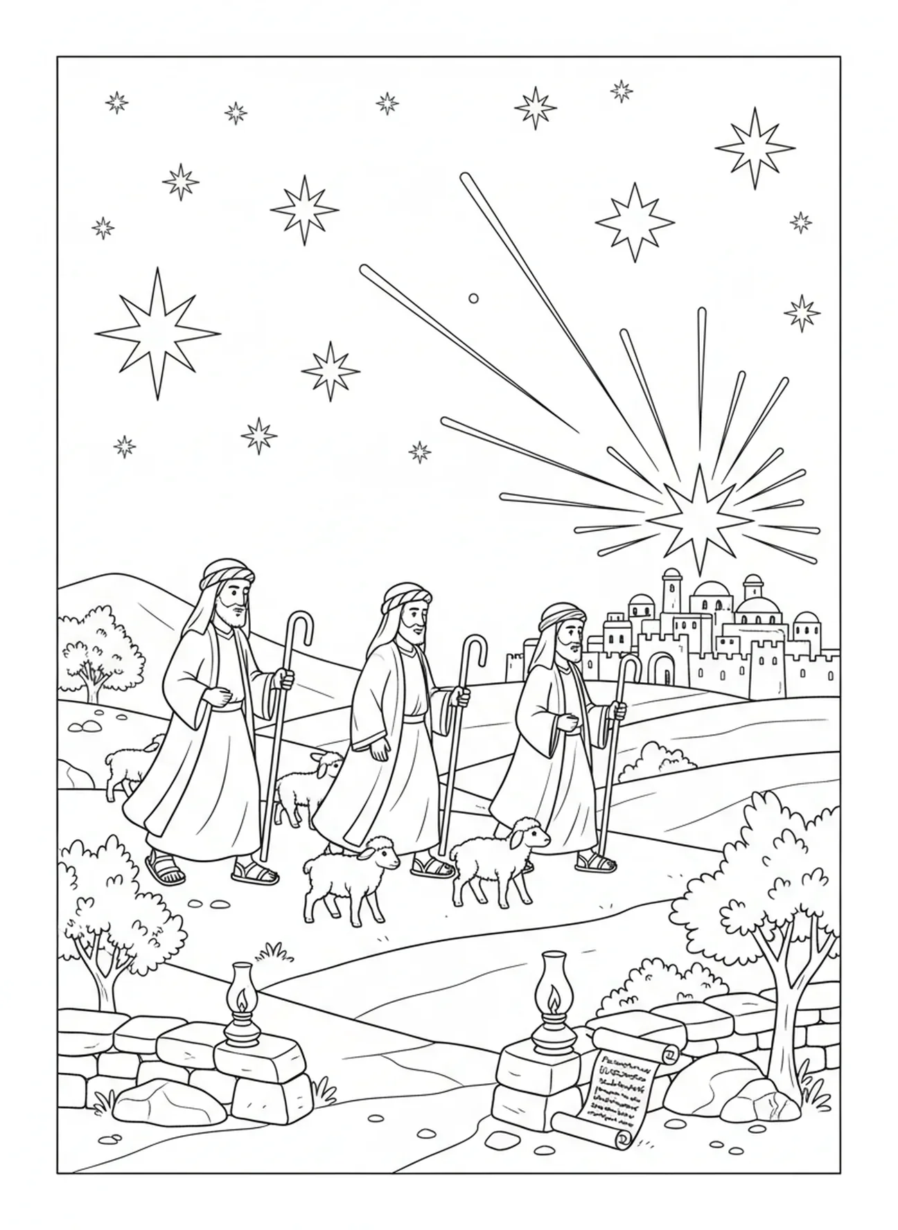 Des bergers se rendant à Bethléem, page à colorier des anges bergers pour les enfants de l'École du dimanche âgés de 5 à 12 ans.