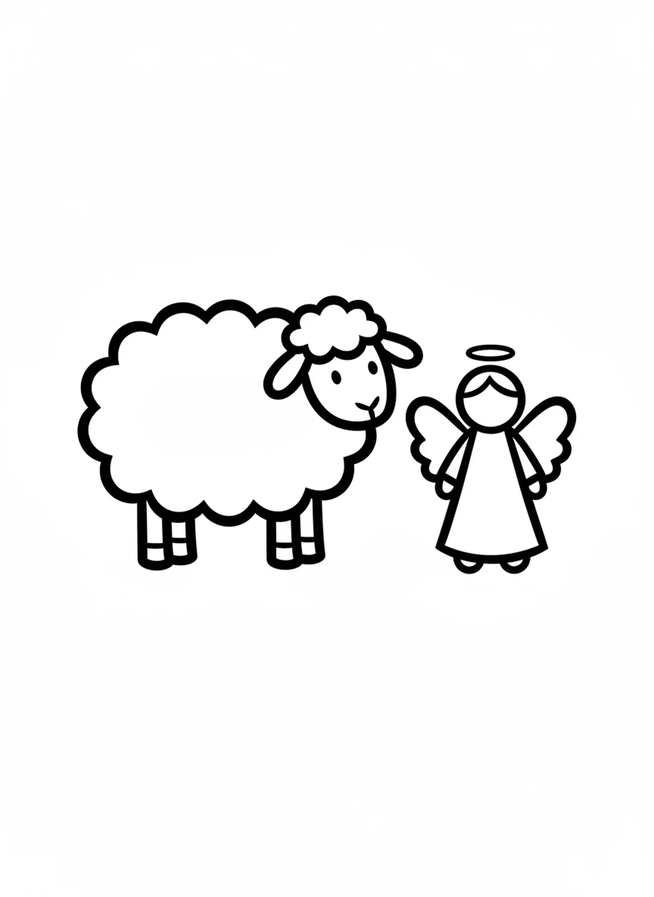 Ein großes Schaf neben einem Engel, Ausmalbild von Hirtenengeln für Kleinkinder im Alter von 2-3 Jahren