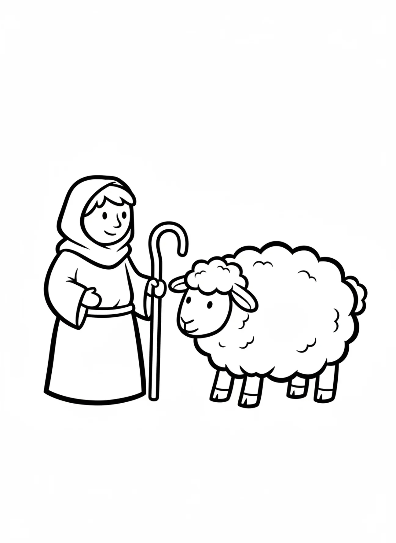 Ein großer Hirte, der auf ein Schaf aufpasst, Ausmalbild der Hirtenengel für Kleinkinder im Alter von 2-3 Jahren