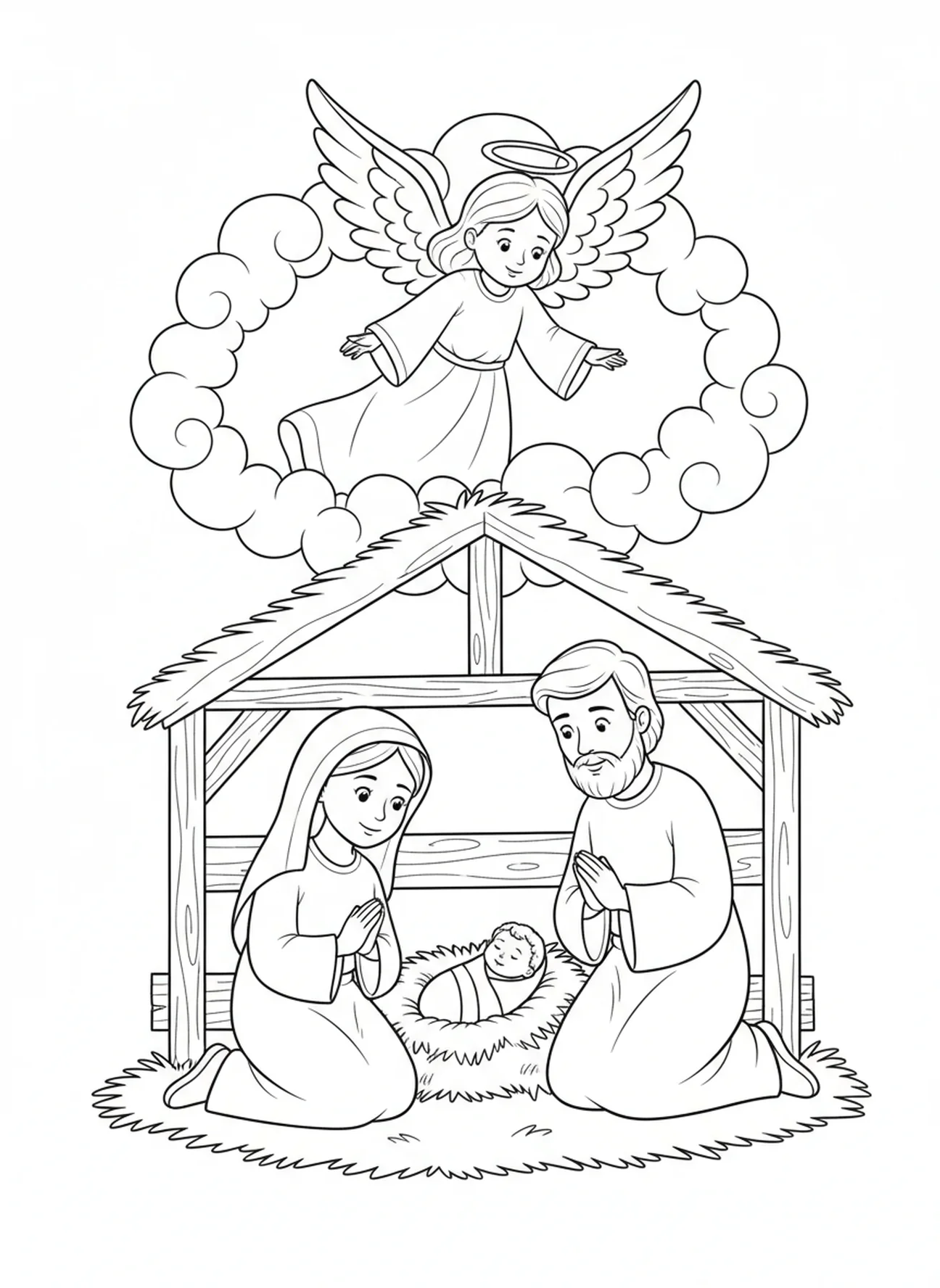 Freundlicher Engel über der Krippe, Ausmalbild für Kinder im Alter von 5-10 Jahren
